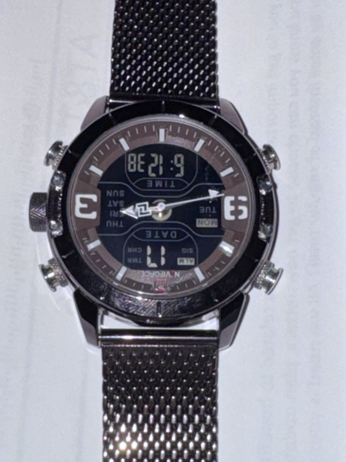 NAVIFORCE NF9153 MULTI-FUNCTION STAINLESS STEEL MESH DIGITAL/ANALOG WATCH BLKNEW