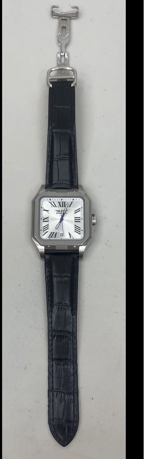 PINDU P6515 Square Automatic Watch Leather Deployment Clasp Santos Homage Dress