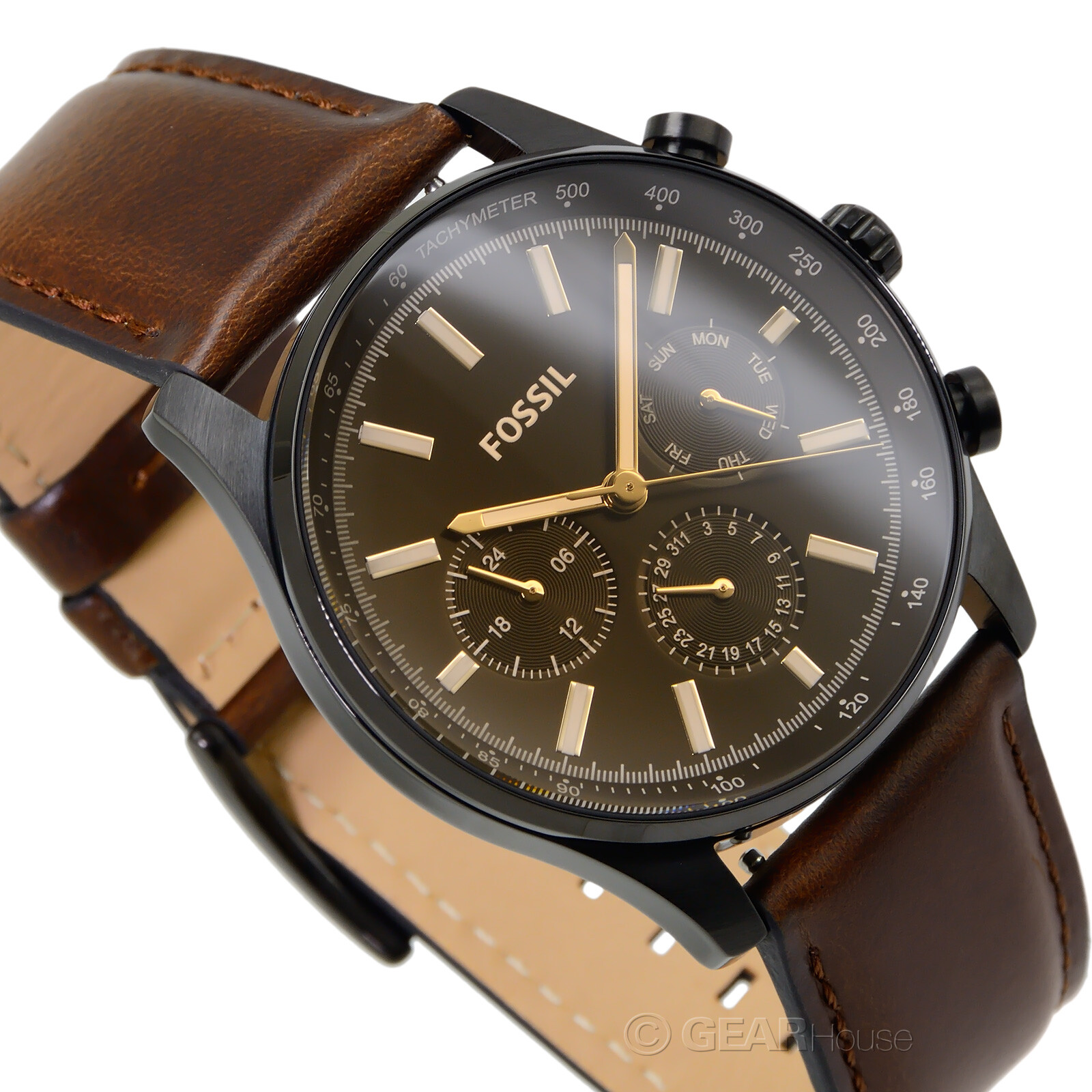 FOSSIL Sullivan Mens Multifunction Watch, Black Dial Day Date Brown Leather Band