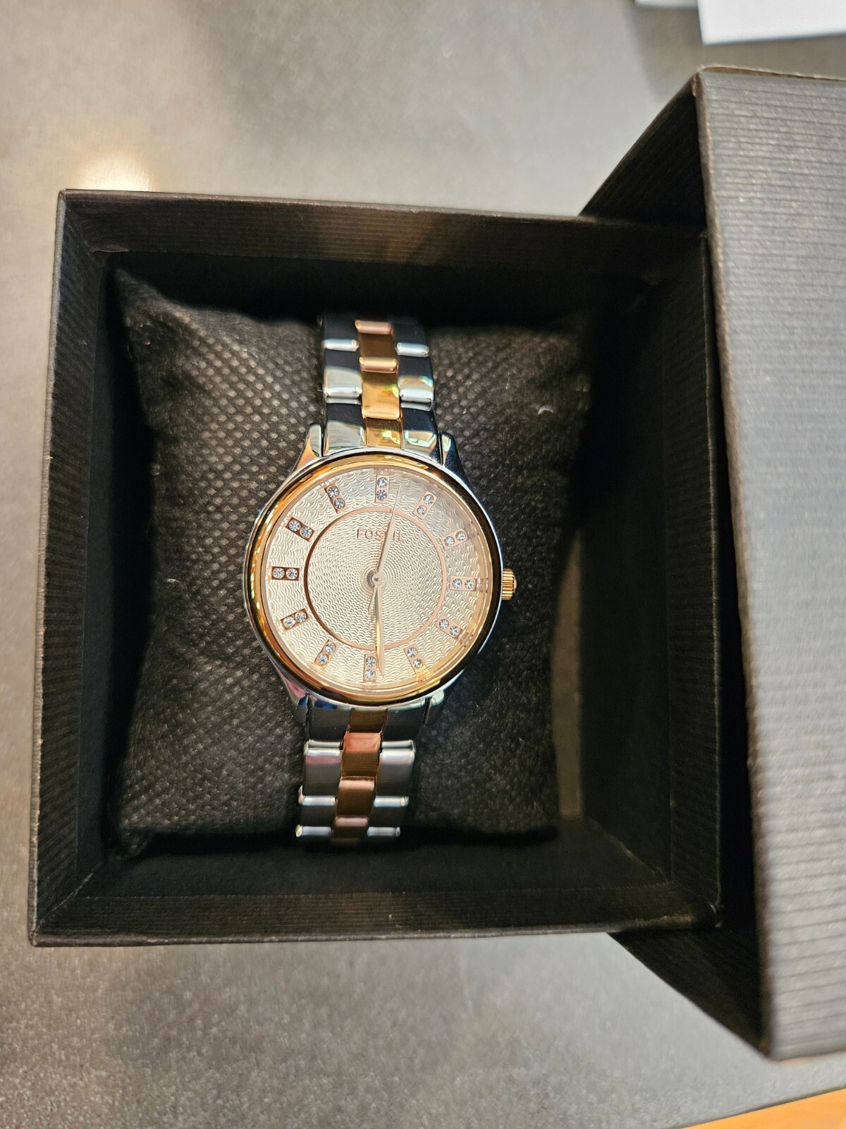 Fossil model BQ3915 2-tone stainless steel watch with gemstone hour marks