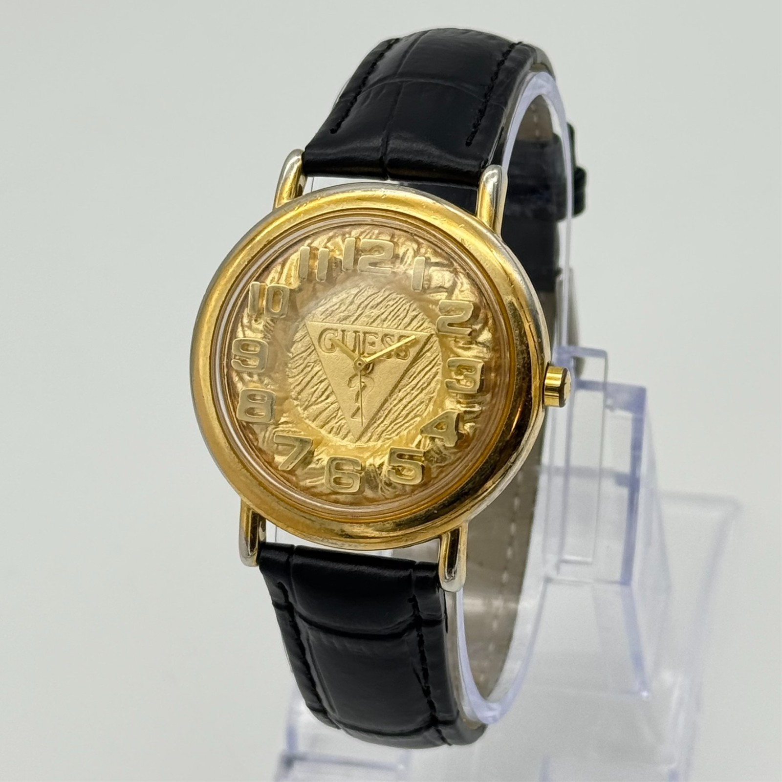 Vintage 1996 Unisex Gold Tone GUESS Watch, 3D Raised Numbers, Black Leather Runs