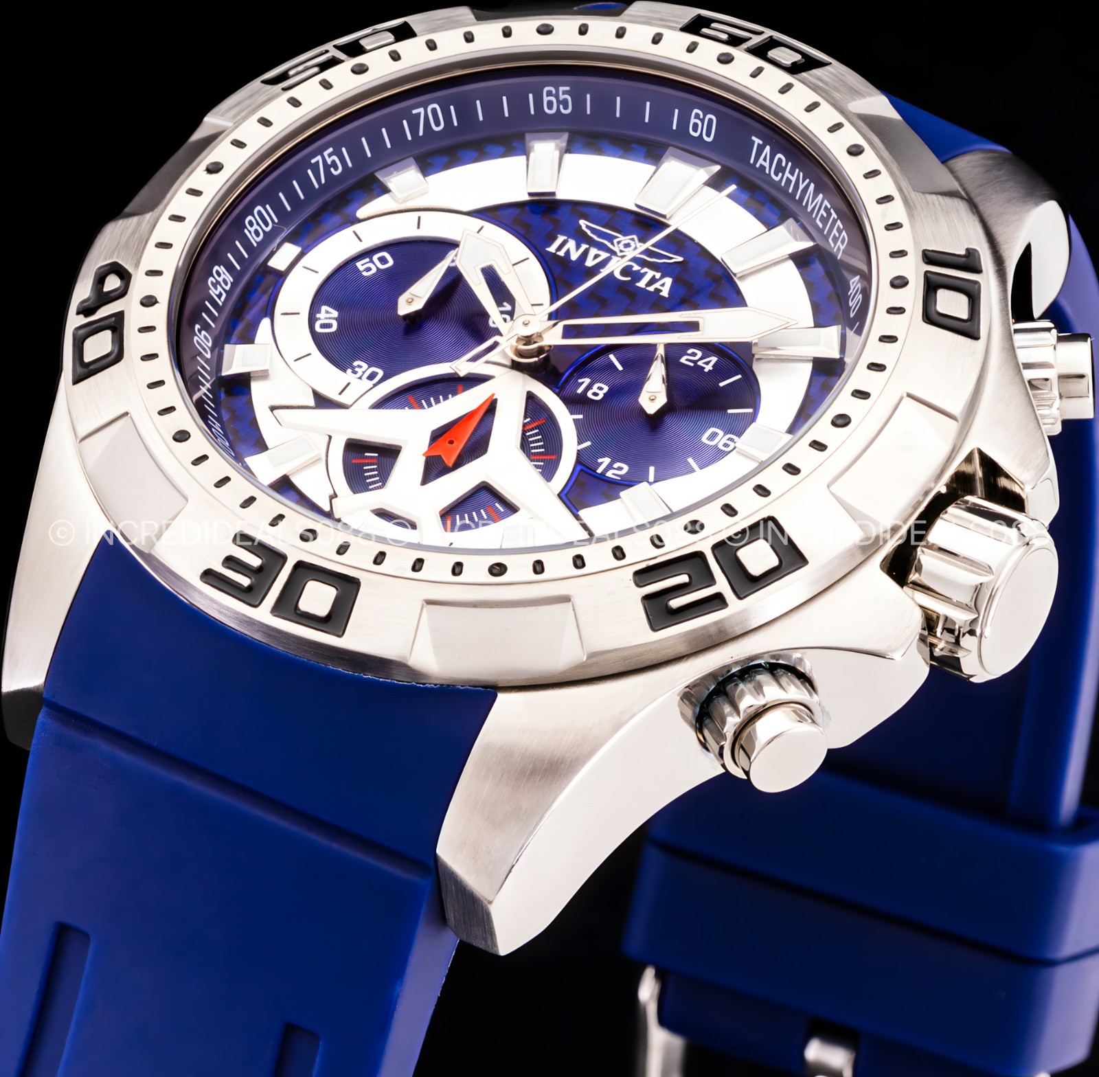 Invicta Mens AVIATOR Multi Function Blue Glass Fiber Dial Blue Strap SS Watch