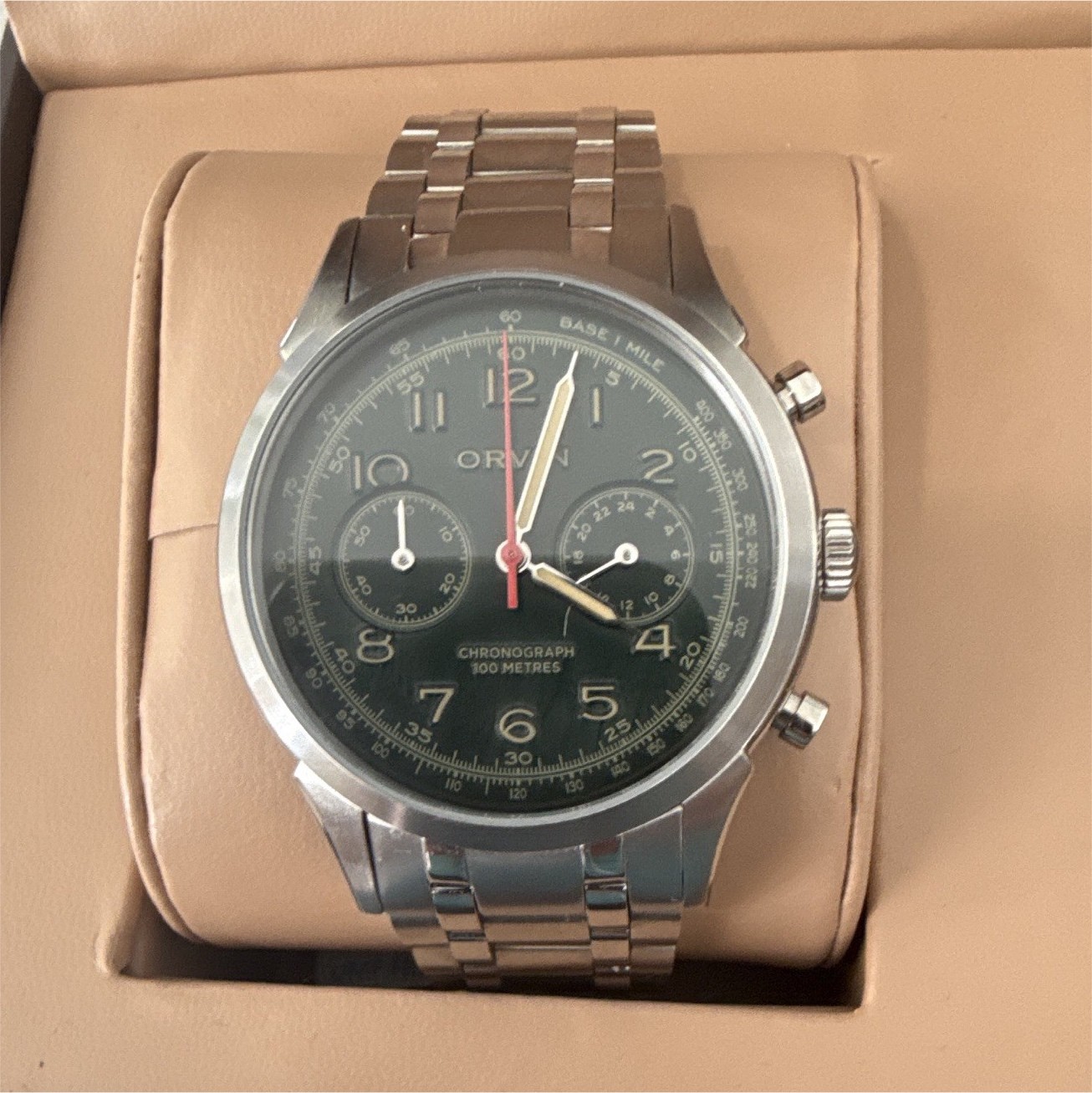 ORVIN Emerald Quartz Chronograph 100m Stainless Steel Bracelet Watch w/ Box