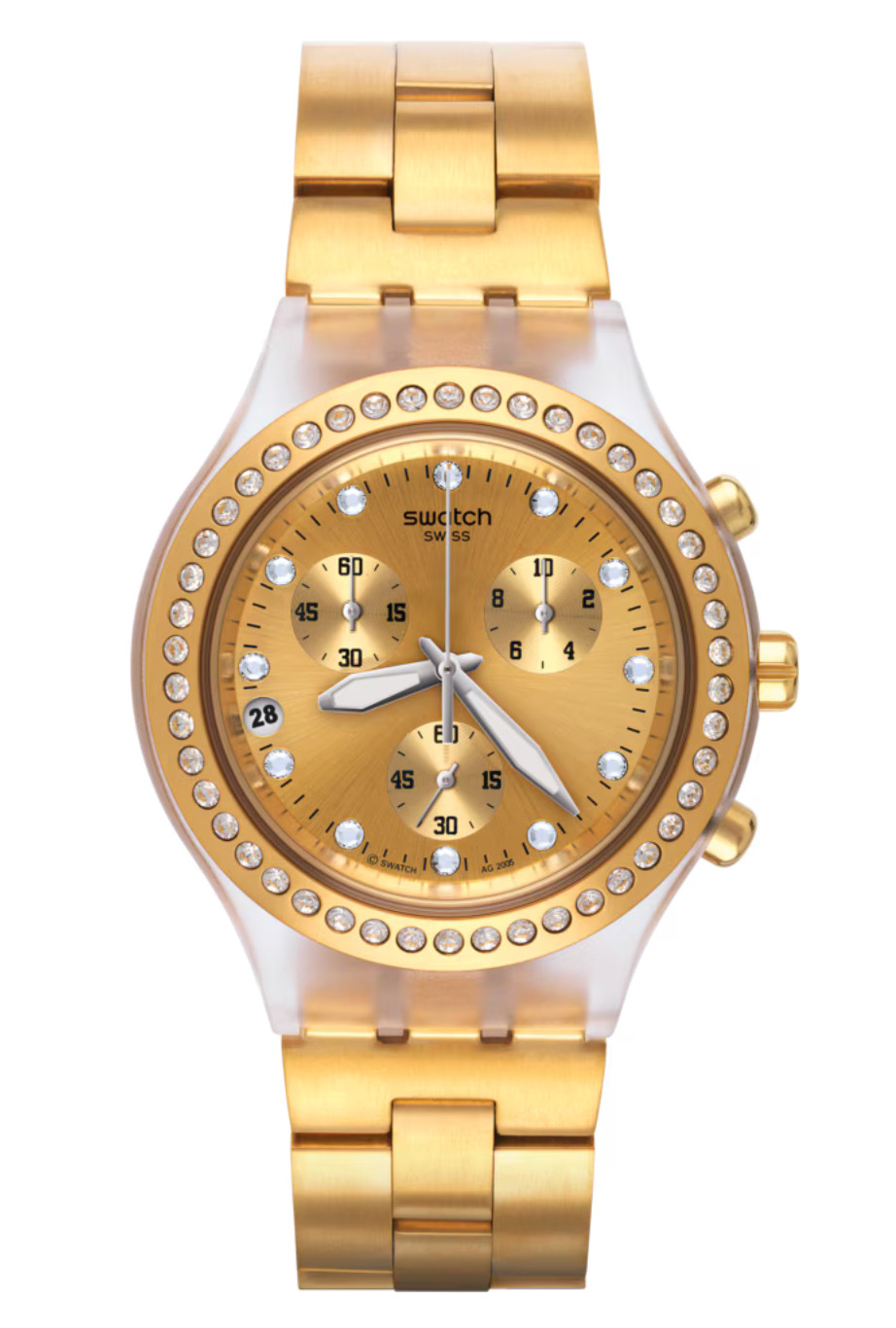NEW LIMITED SWATCH IRONY FULL BLOODED GOLD CHRONO ALUMINUM 43MM WATCH SVCK4084