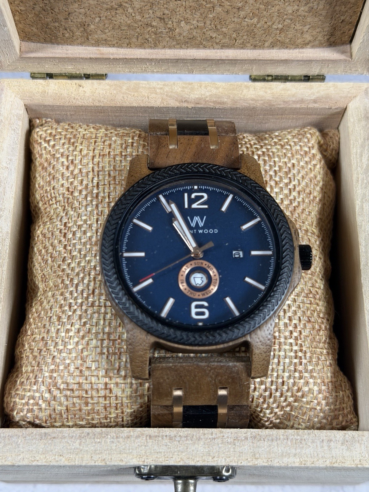 Avant Wood Men’s Wooden Watch Blue Dial Day Date Brown Black Wood Bracelet 44mm