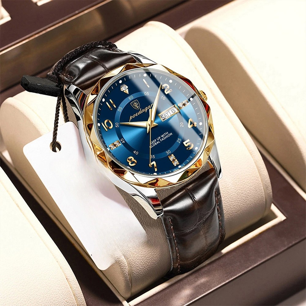 Mens Calendar Watch Quartz Wristwatch Man Leather Watches Waterproof Luminous