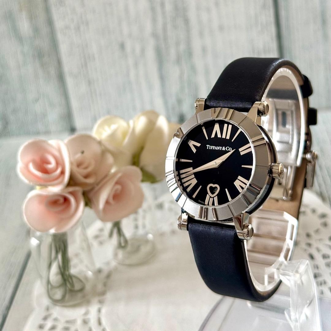 Tiffany & Co Atlas Heart Black Quartz Wristwatch Women Japan Rare 0712179