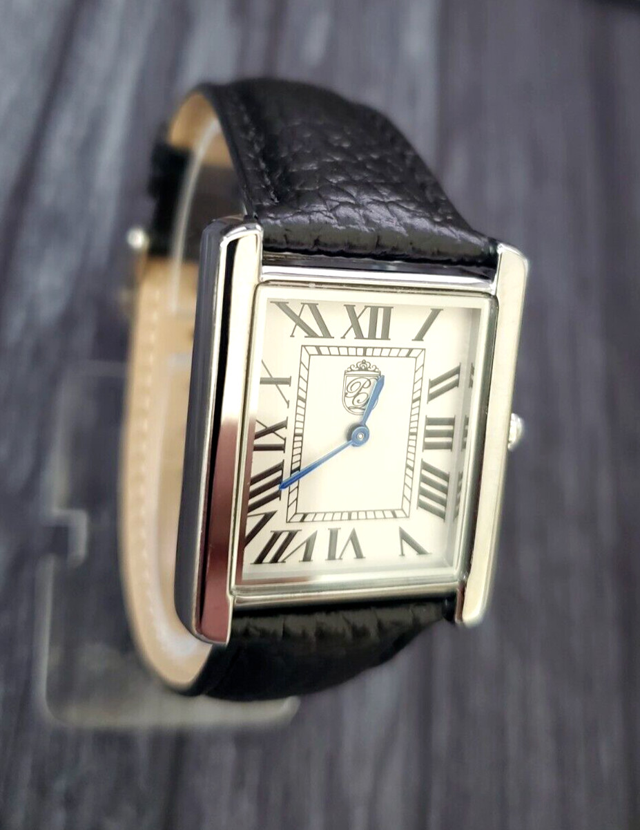 RARE NOS Seiko Men Tank Rectangular Blue Dial Black Leather band Dress Watch