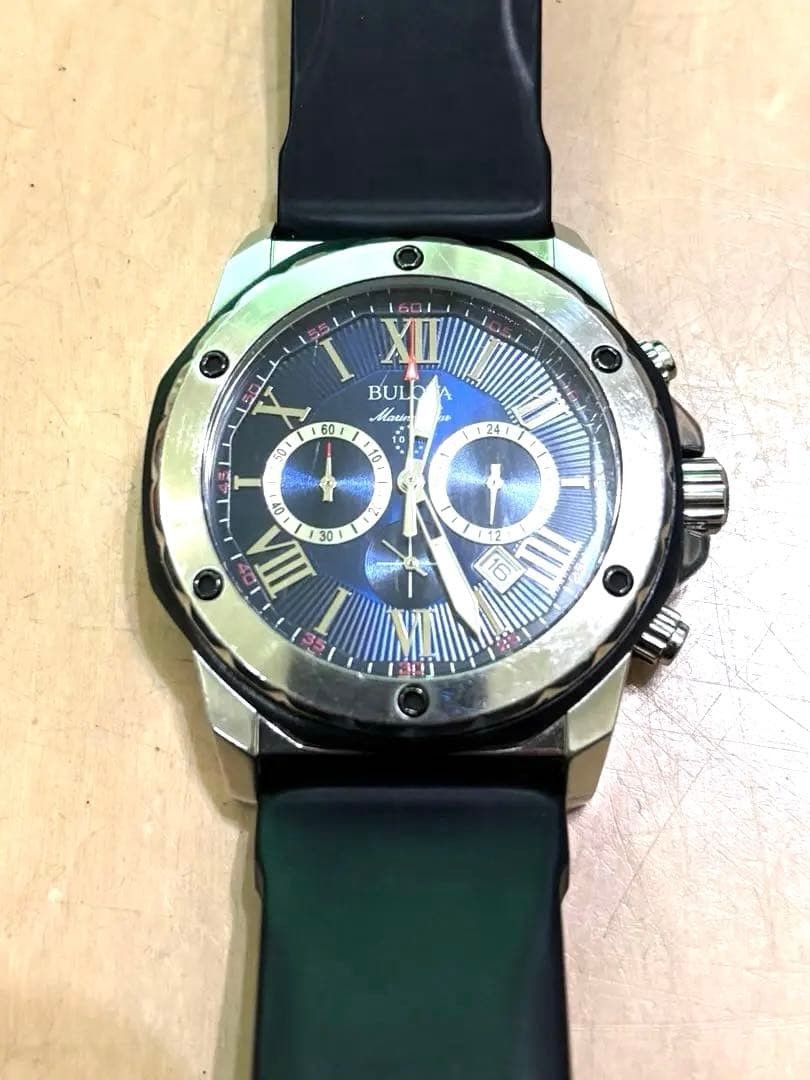 Bulova Marine Star Chronograph 98B258 Blue Dial Rubber Strap From Japan