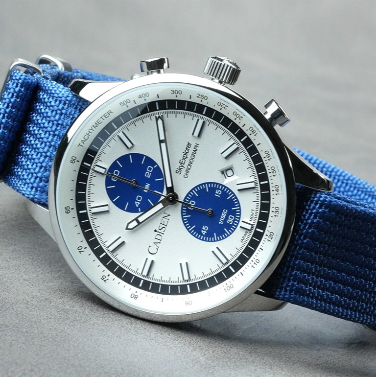 42MM CADISEN Quartz Watch Men’s Diver 50M Waterproof Chronograph Nylon Gift NEW