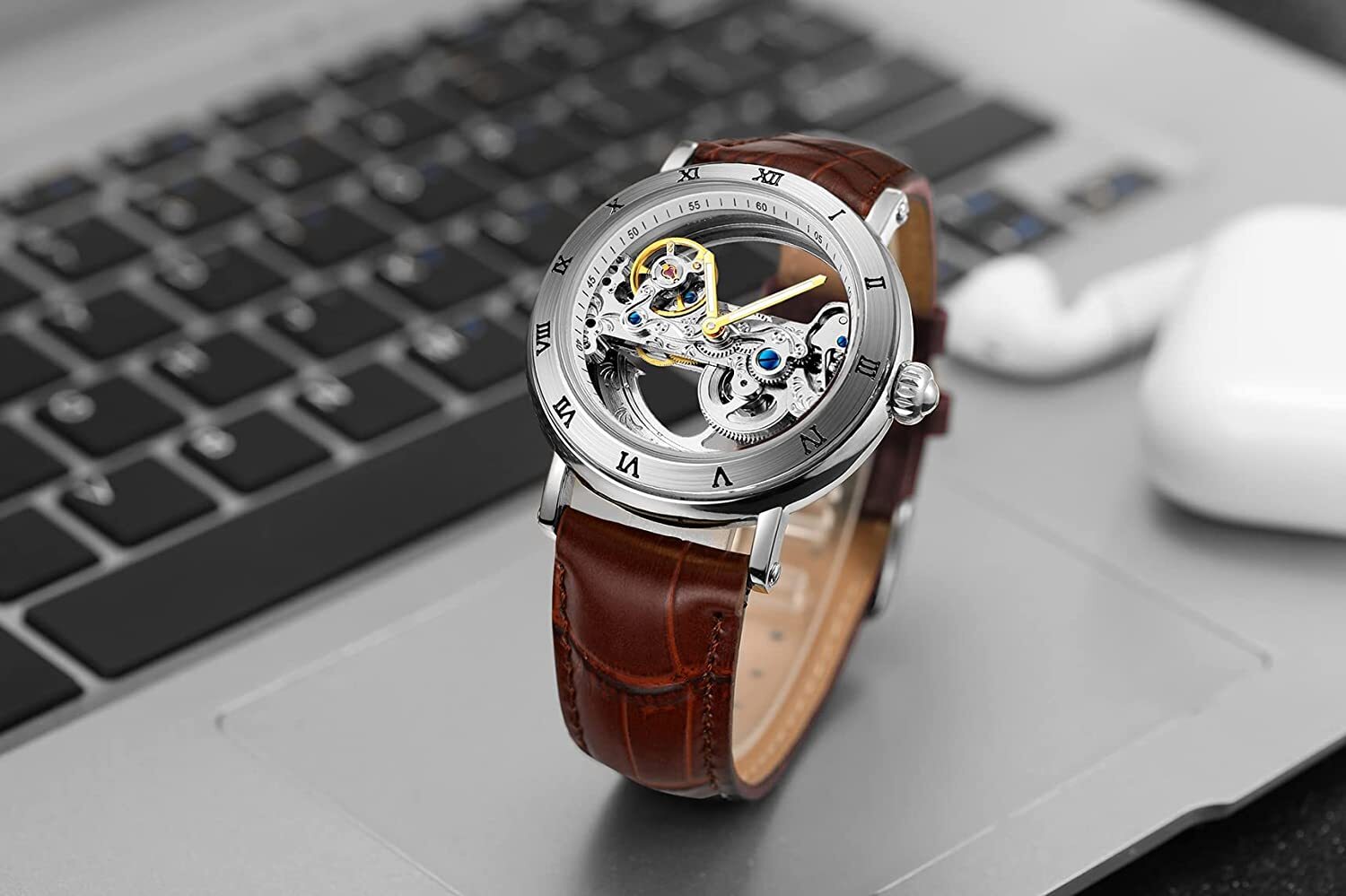 Men’s Unique Design Automatic Self Wind Genuine Leather Strap Skeleton Watch New