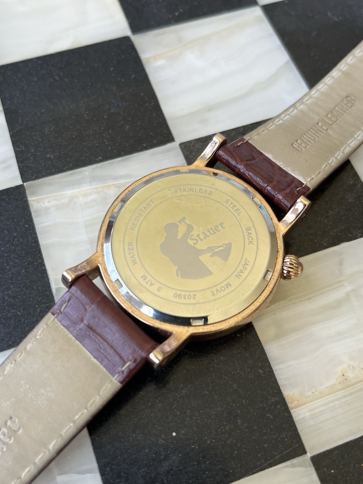 Stauer Moon Phase Quartz Day Date Watch Brown Leather Strap Rose Gold – 20390