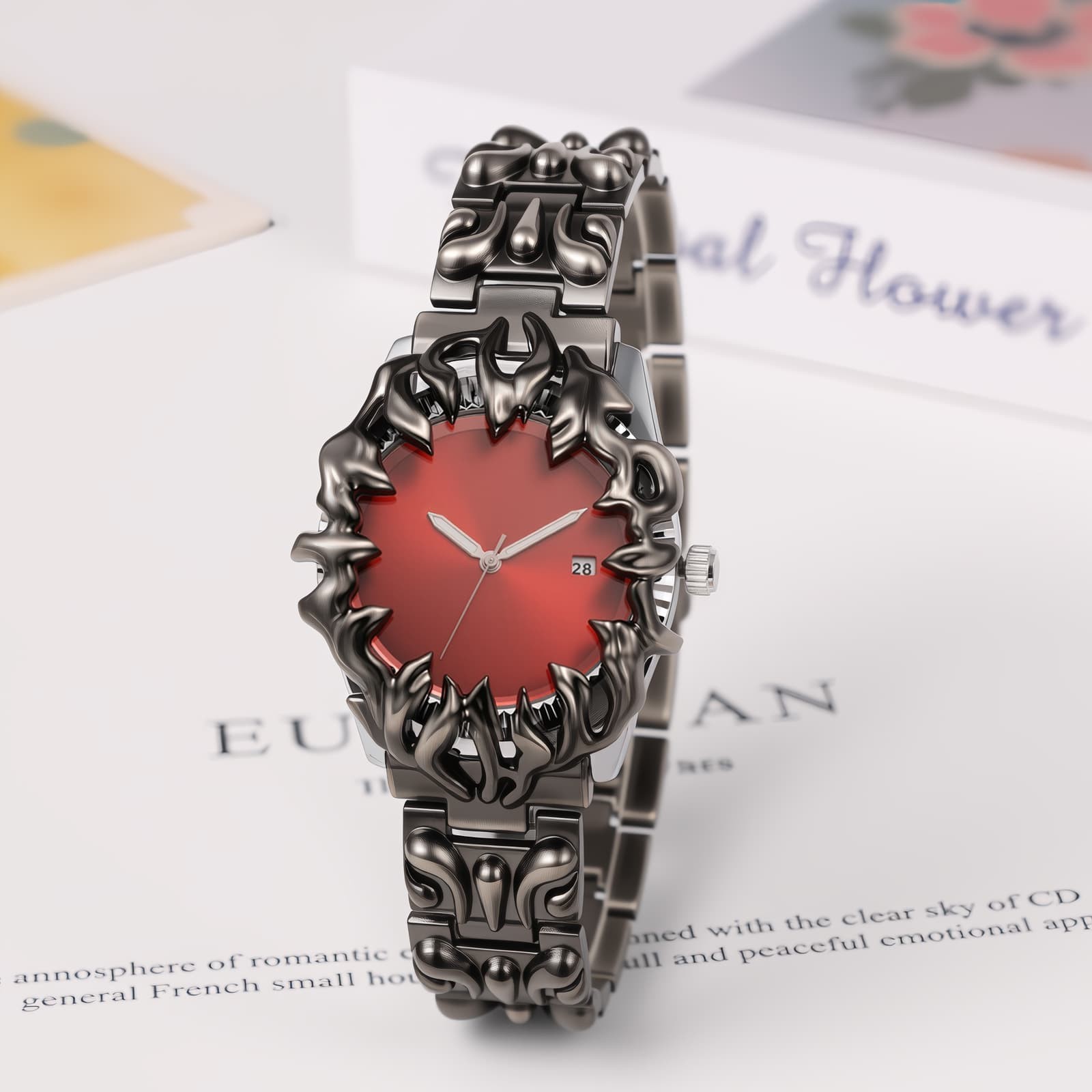 Men Punk Y2K Embossed Flame Adjustale Strap Date Luminous Wrist Watch for Party