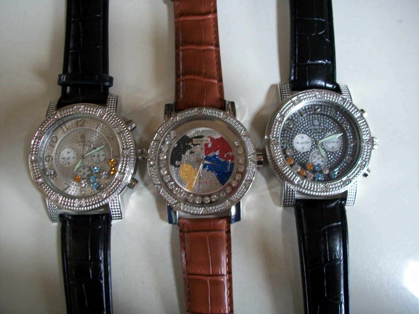 Men Floating Stone Silver Multicolor, Plain, Map Dial Leather Band Hip Hop Watch