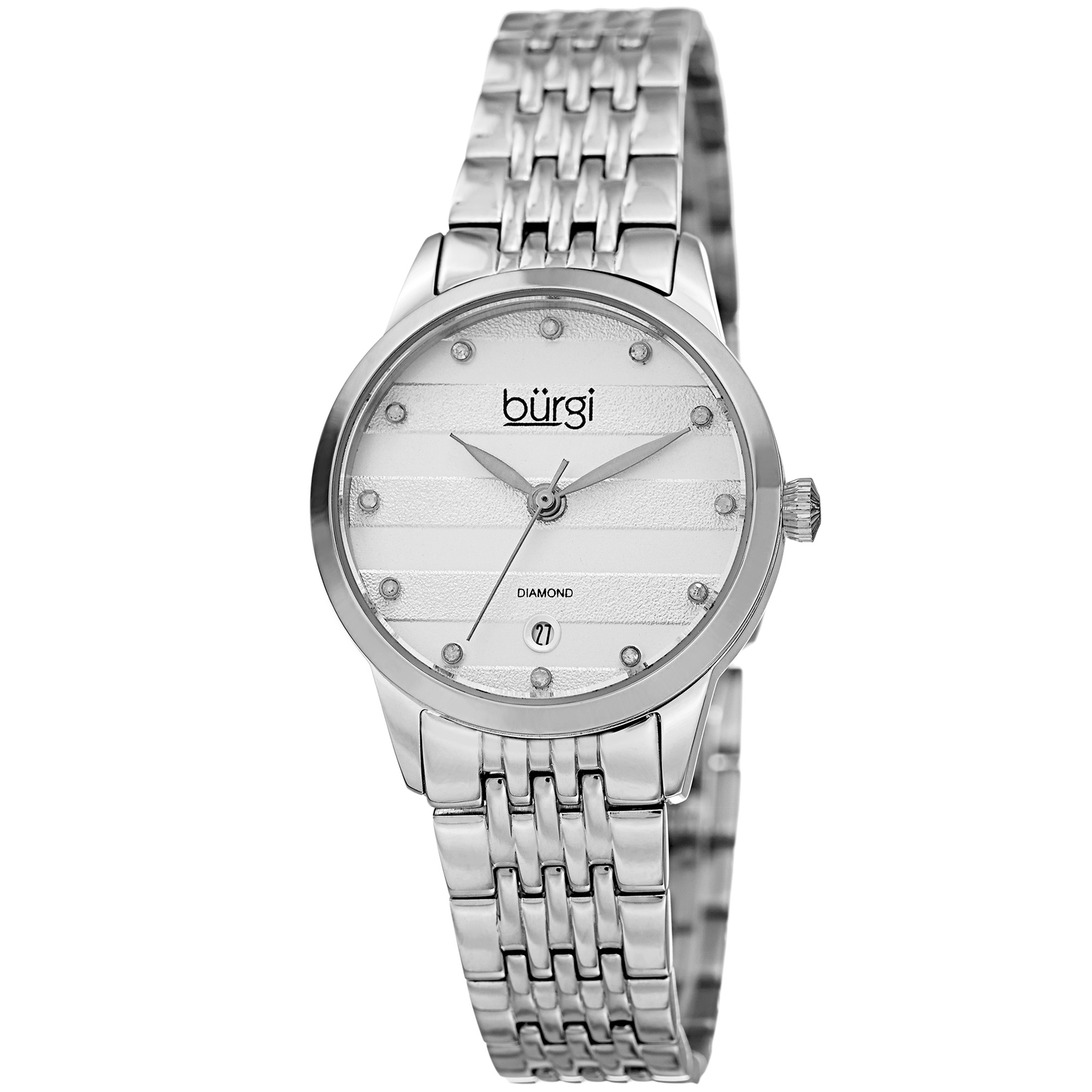 Women’s Burgi BUR146SS Embossed Horizontal Design Twelve Diamond Dial Date Watch