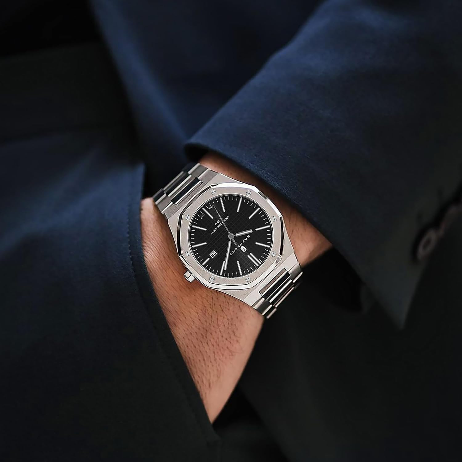 Men’s Octagonal Quartz Watch Stainless Steel 50M Waterproof Luminous Date