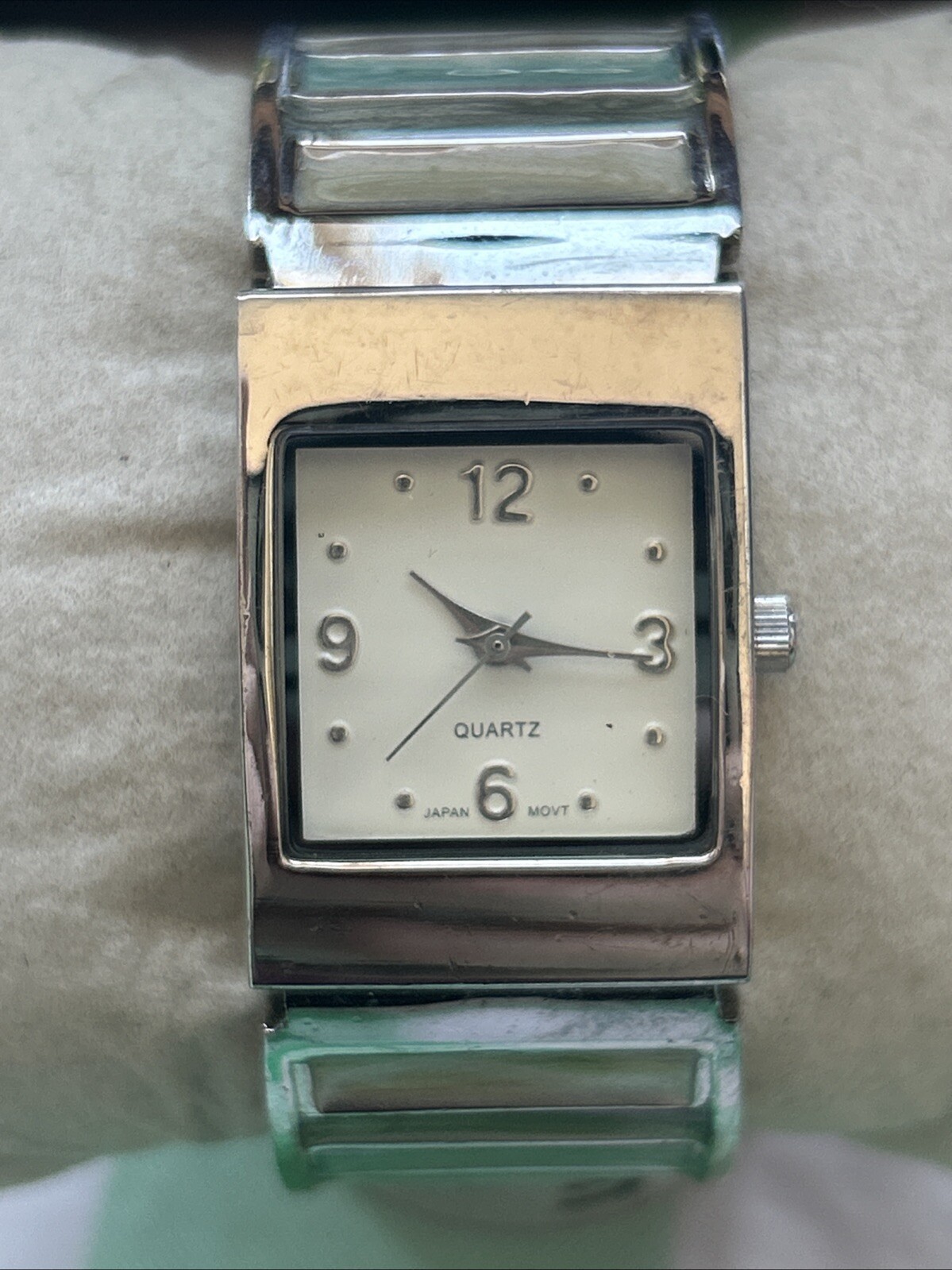 Silver Tone Multicolored Band Women’s Cuff Watch