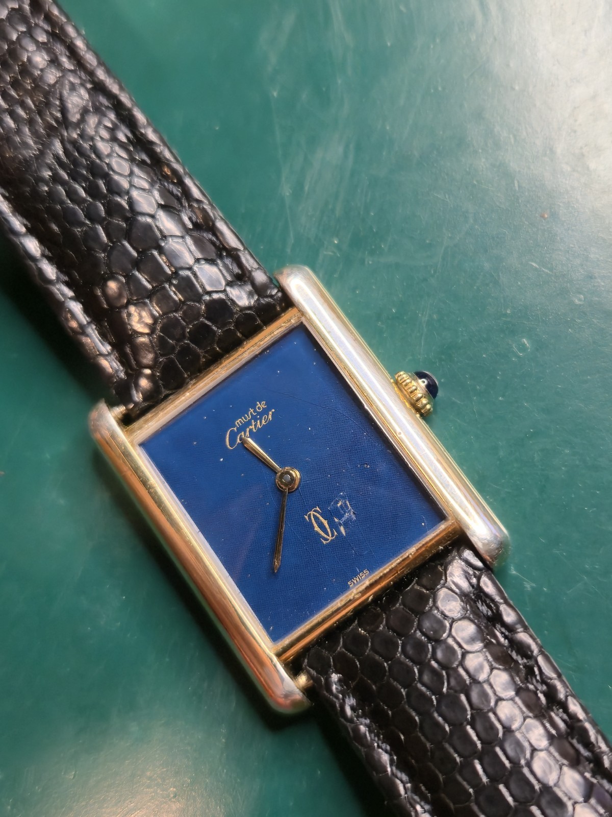 Blue Lapis Must de Cartier Tank Vermeil Argent 925 Gold Plate 23mm Manual