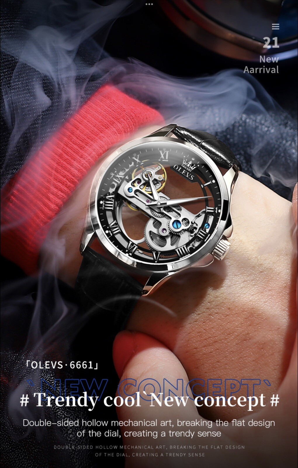 OLEVS Skeleton Watches for Men Automatic Self Winding Mechanical Luxury Leather