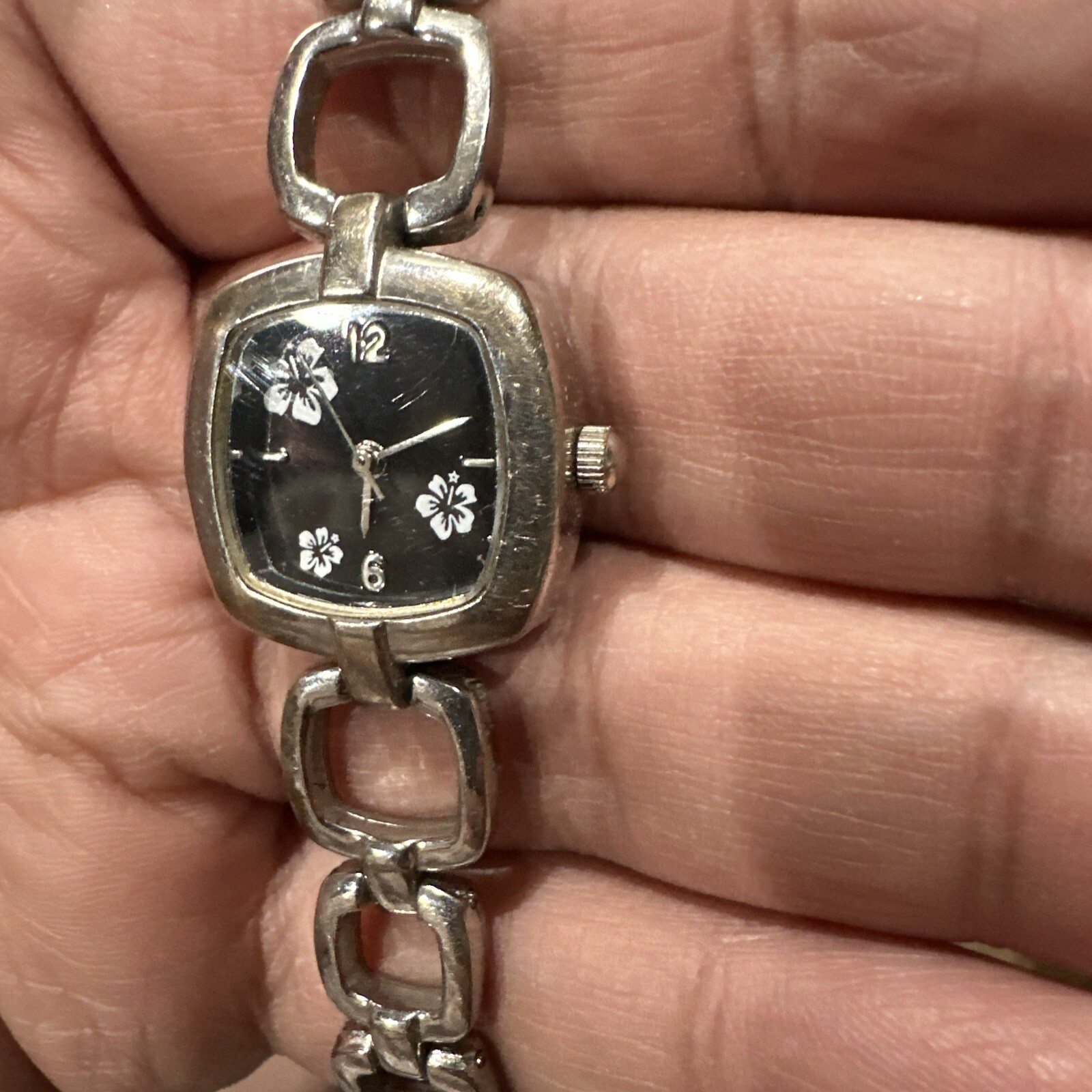 Working Ladies Square Black Flower Face Watch Geometric Classic Link Bracelet