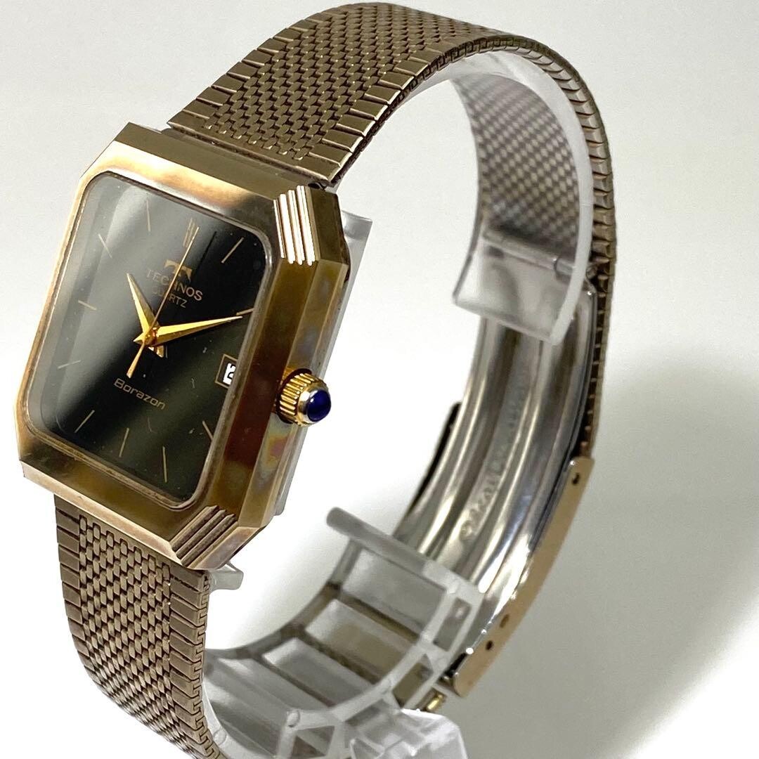 TECHNOS Wristwatch Borazon Quartz Date Display Gold Vintage Authentic From Japan