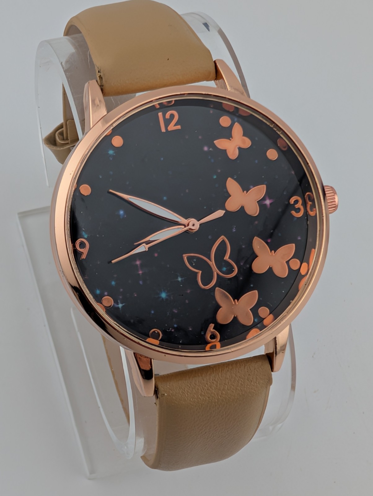 Women’s Butterfly Watch 37mm Rose Gold Case Beige Faux Leather Band-New Battery