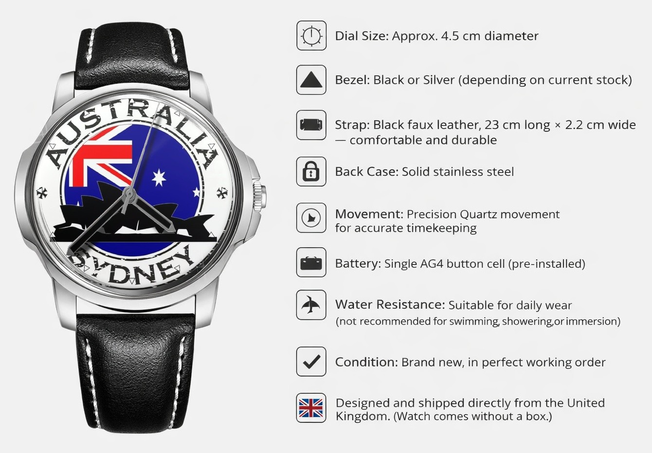 Australia Sydney Flag Leather Strap Big Dial Gift Wrist Watch