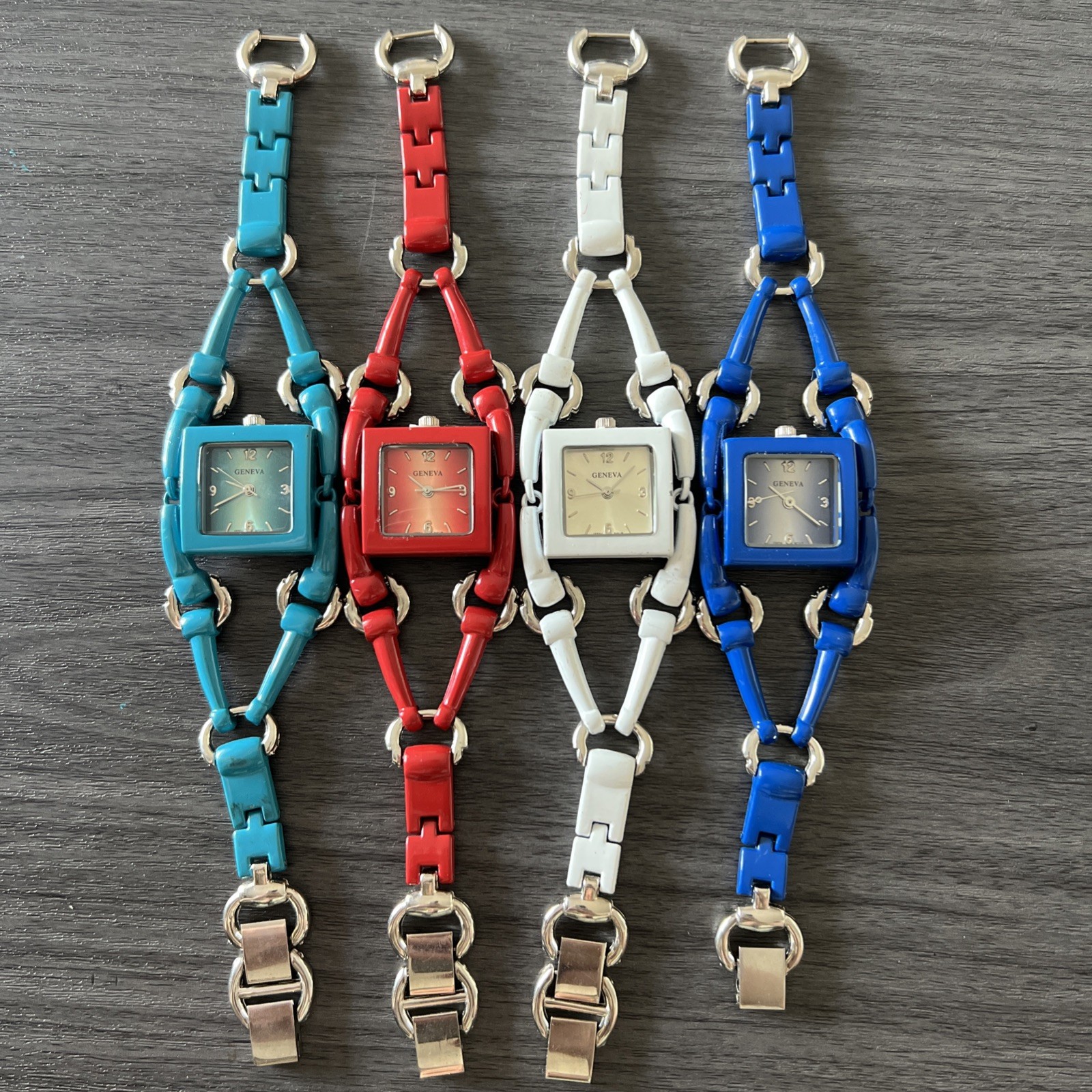 Lot Of 4 Geneva Women’s Quartz Watches Blue Red White Needs Batteries Read