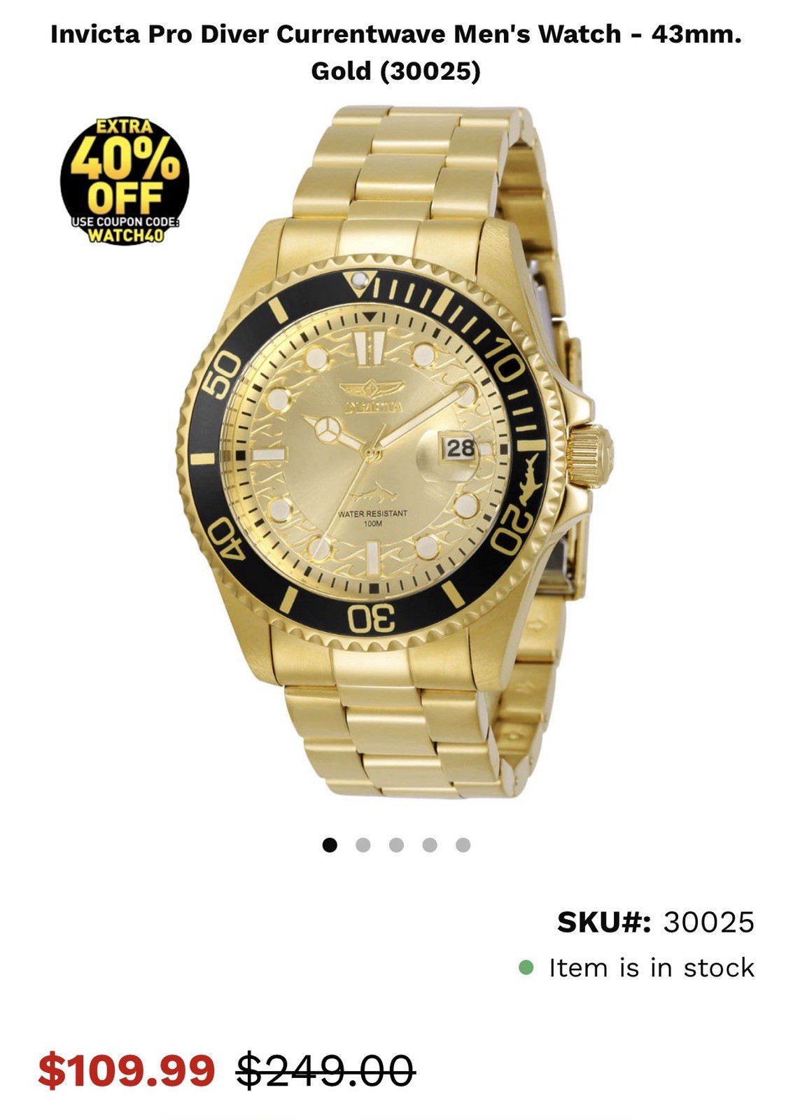 Invicta Pro Diver Currentwave Men’s Quartz 43mm Diver 100m Black Bezel Date