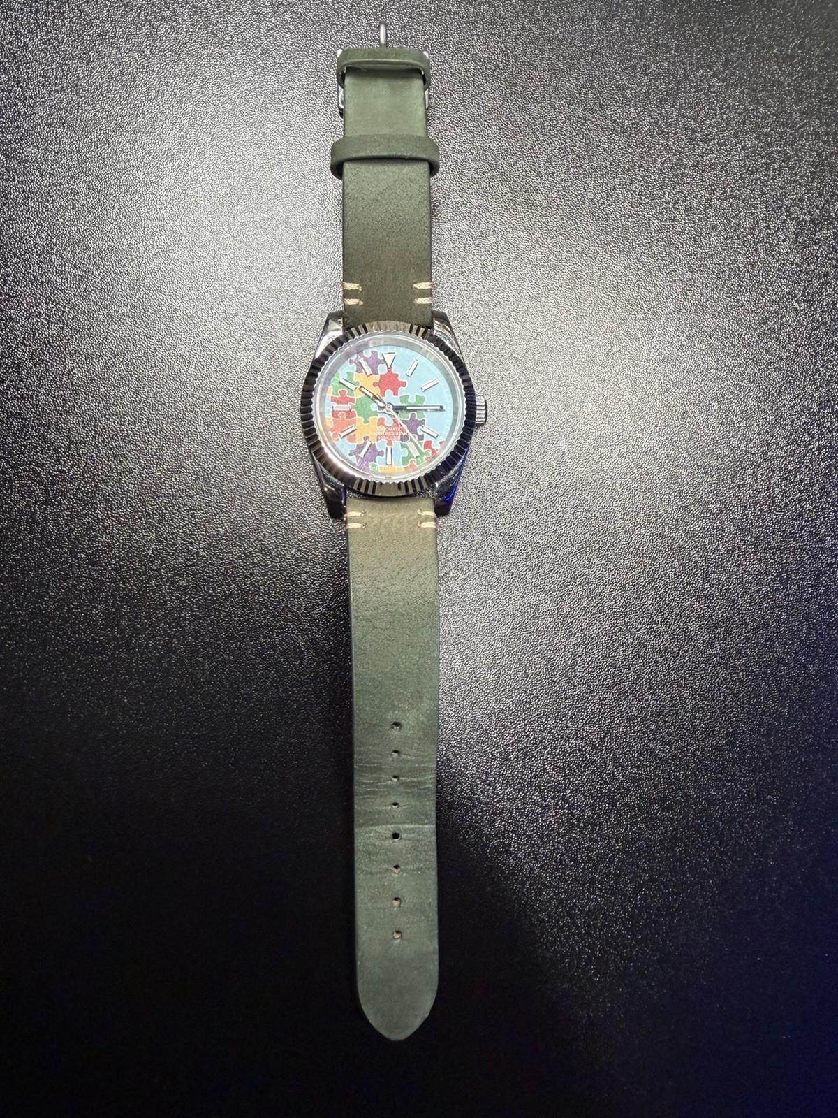 Automatic 40mm Multicolor Puzzle Dial Green Leather Strap