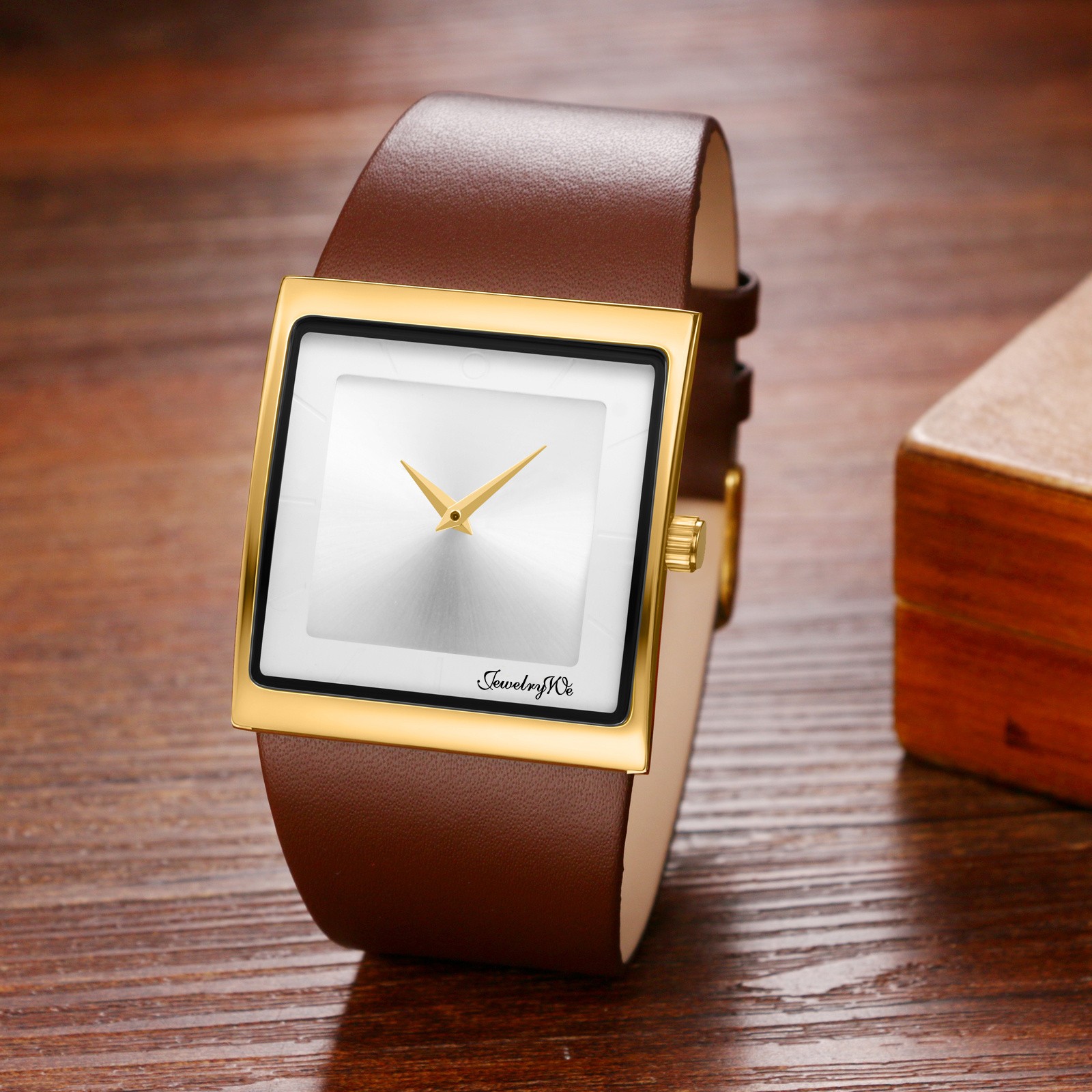 Leather Strap Square Analog Quartz Watch Japanese Movement Business Casual 3ATM