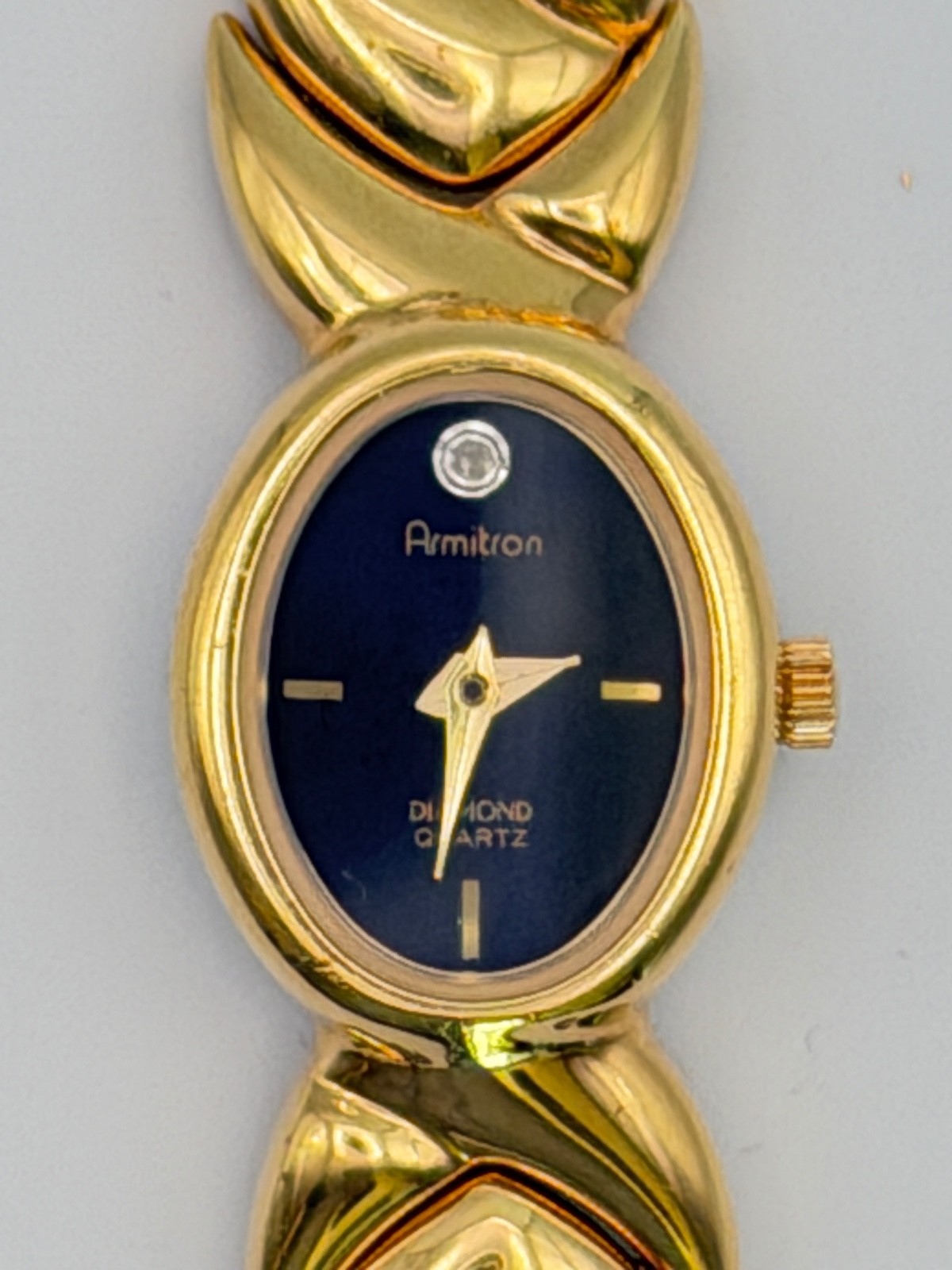Vintage Armitron Diamond Accent Ladies Bracelet Watch Gold Tone Oval Black Dial