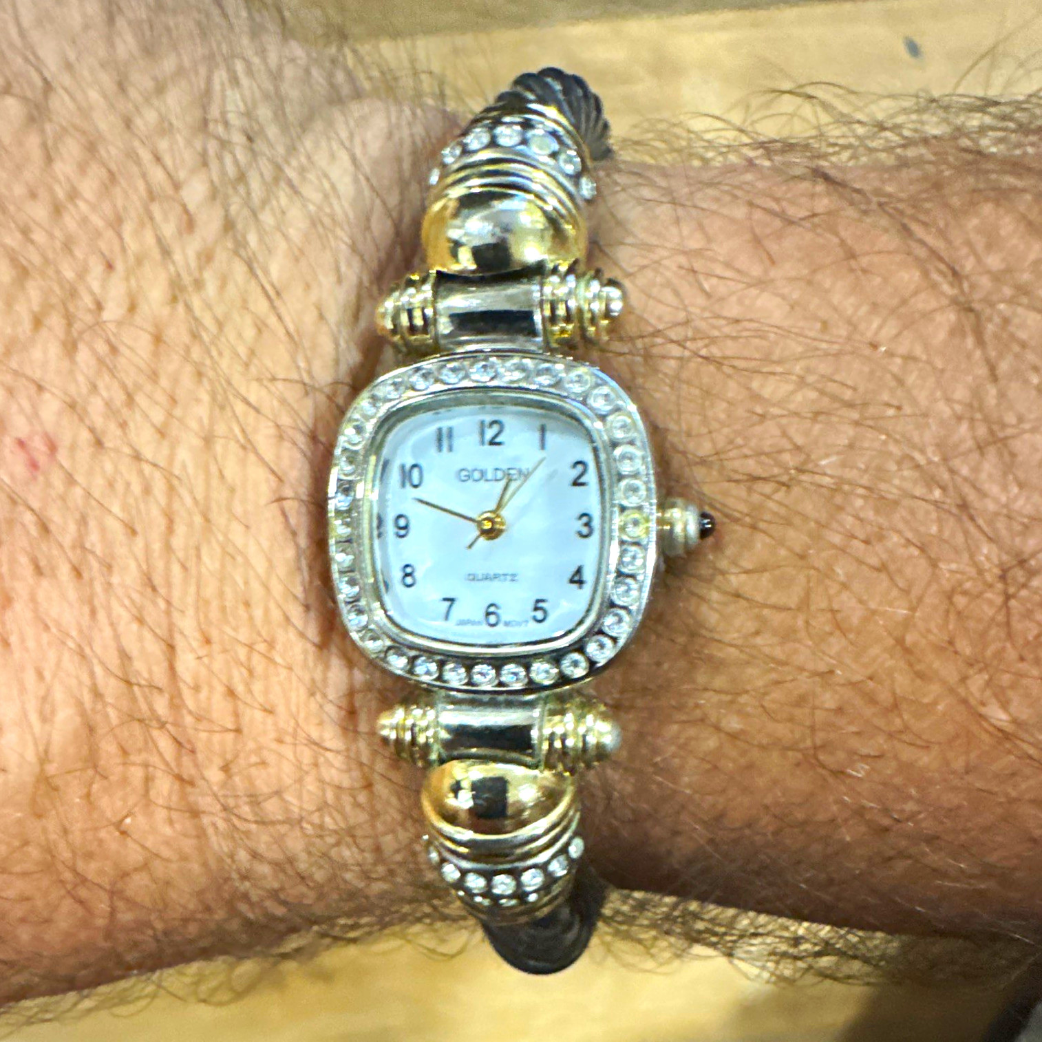 Golden Quartz Analog Wristwatch White Dial Cushion Case Silver Bezel Black Band