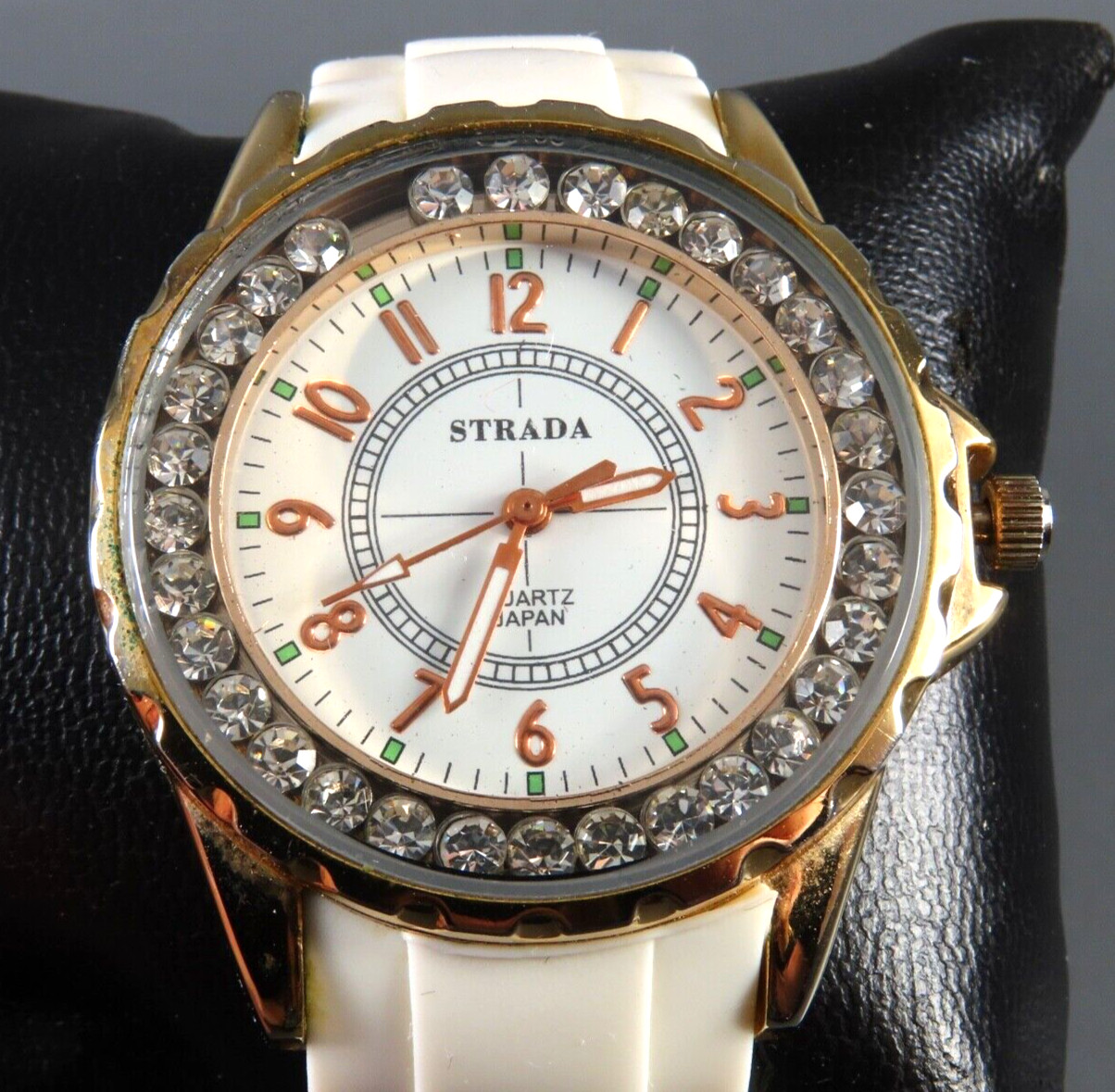 STRADA WRIST WATCH Off-White Silicone Sport Band LARGE GOLD CRYSTAL BEZEL DIAL