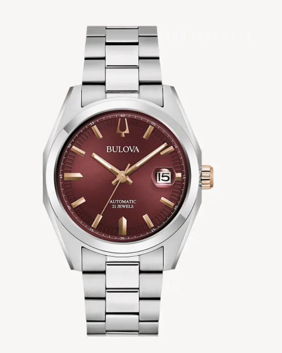 Bulova 98B422 Automatic Red Dial Rose Gold Accents Stainless Steel Men’s Watch