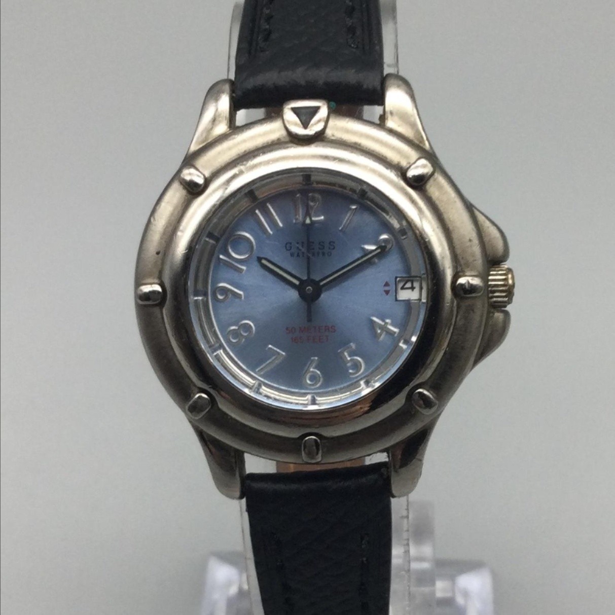 Guess Waterpro Womens Watch 28mm Blue Dial Black Leather 50M New Battery