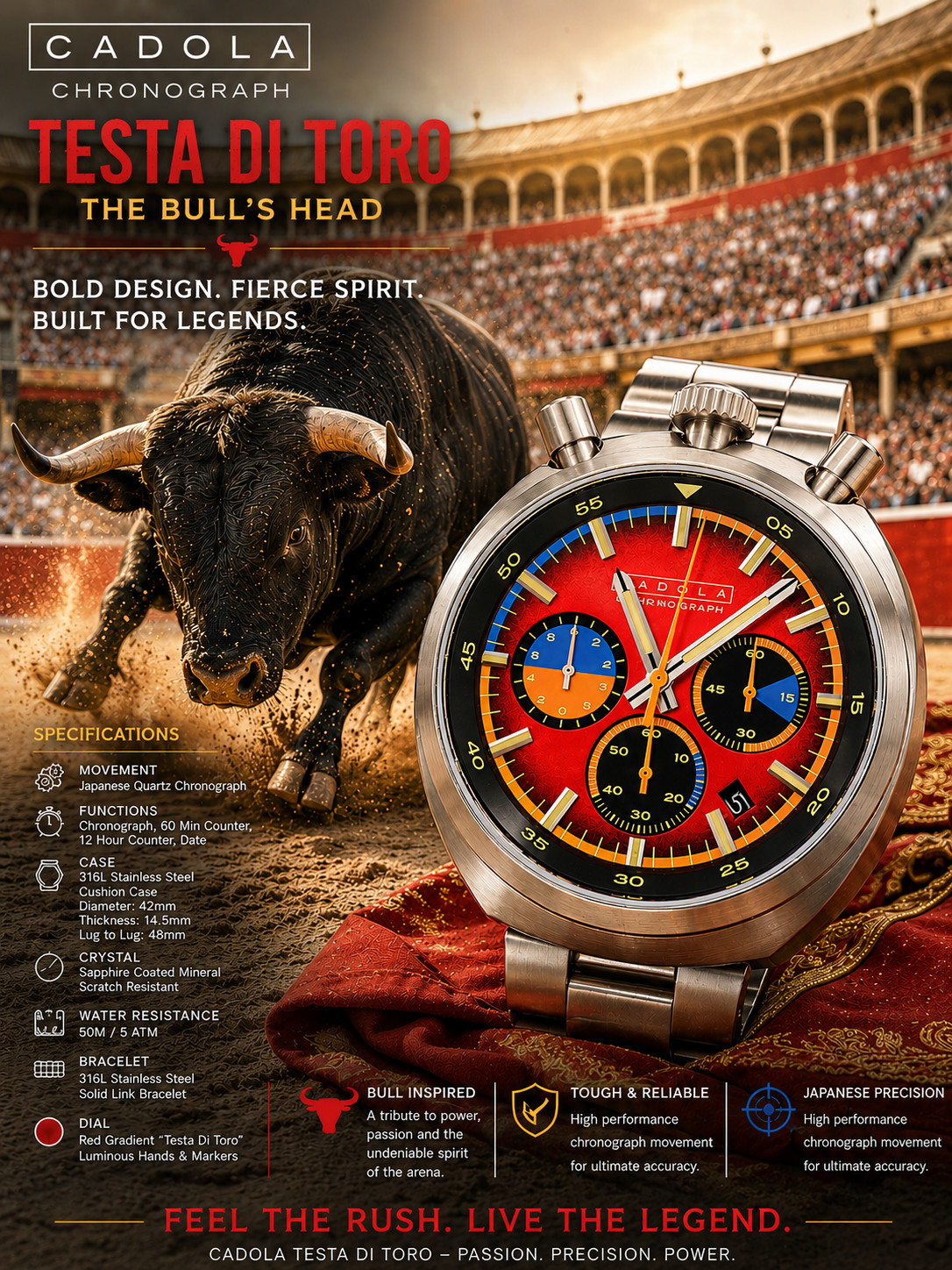 CADOLA TESTA DI TORO CHRONOGRAPH Racing Ruby CD-1058-22 WR5ATM