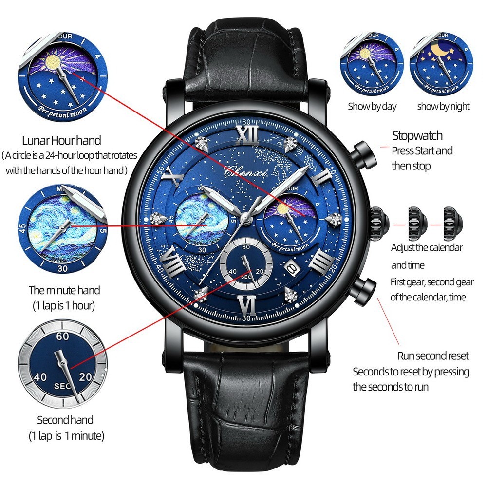 CHENXI Men’s Luminous Dial Calendar Chronograph Moon Phase Business Quartz Watch