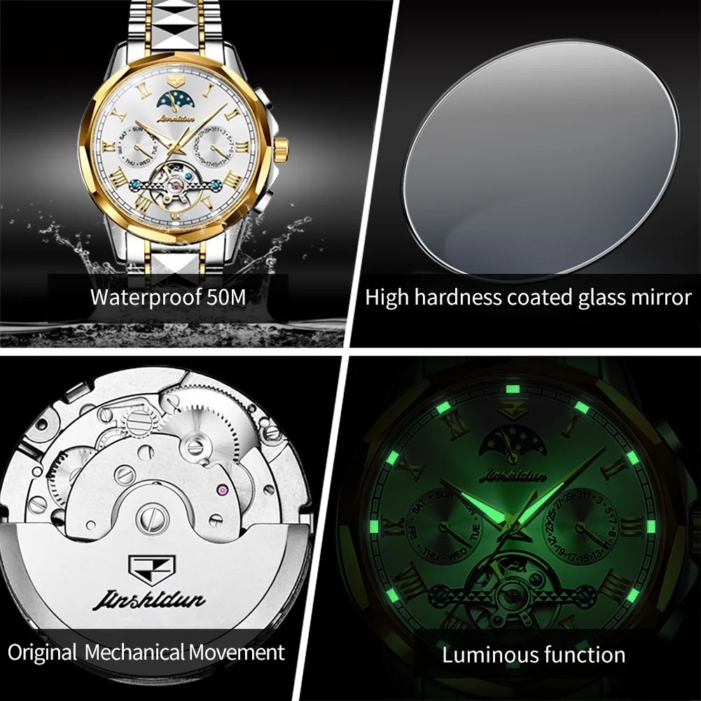 Automatic Mechanical Watch Waterproof Moon Phase Luxury Dial Men Men’s Strap