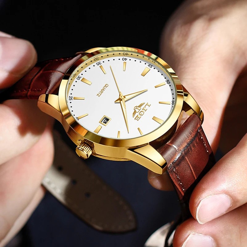 LIGE Men’s Quartz Watch Leather Strap Sport Casual Waterproof Luminous