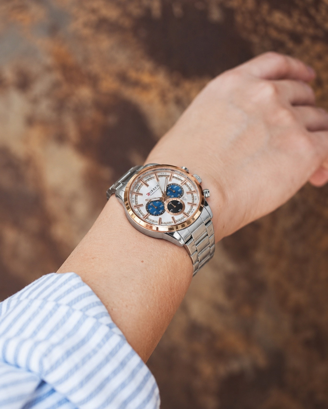 CURREN Chronograph Watch Men’s Silver Rose Gold Stainless Steel 47mm