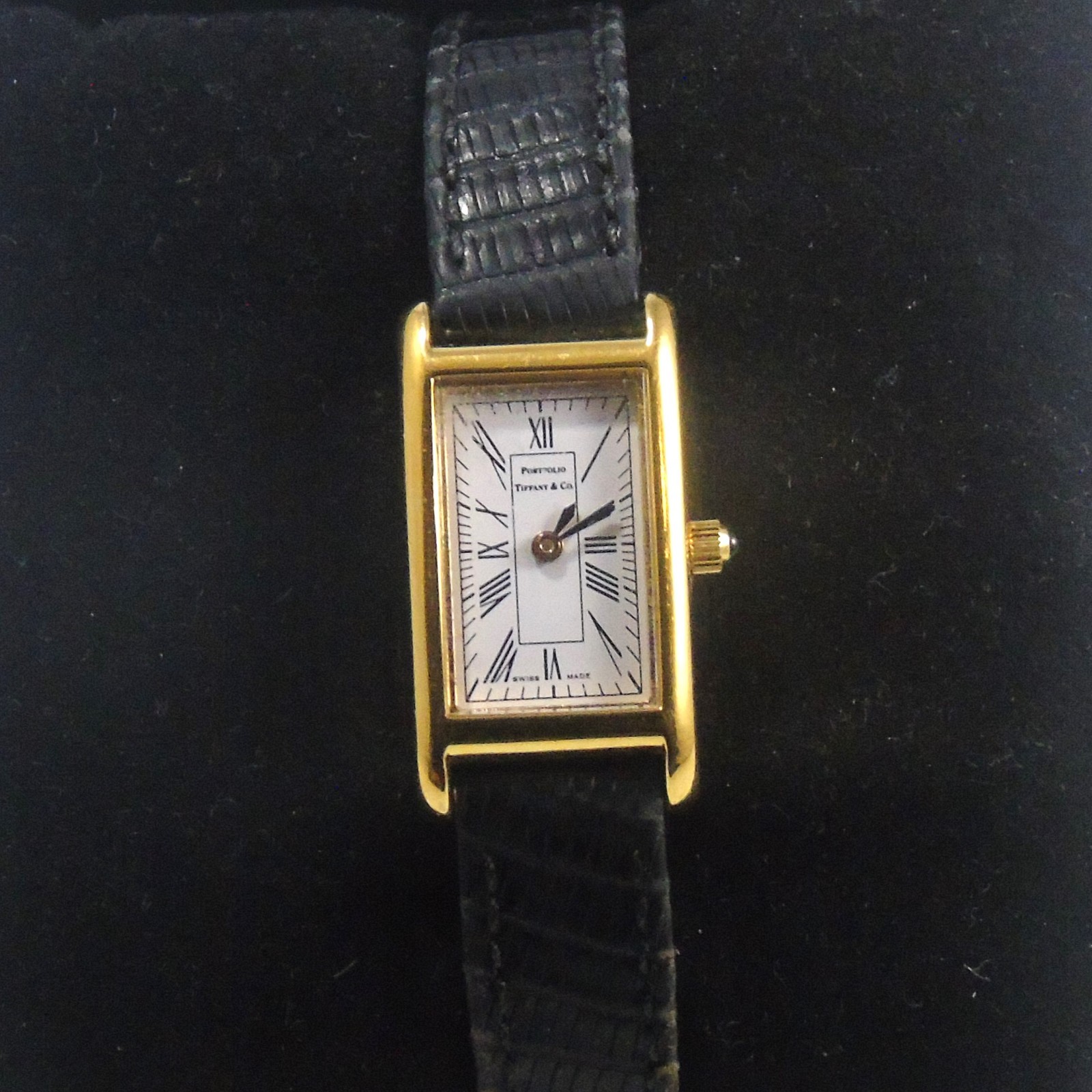 Tiffany Co. Ladies Gold Plated 24mm Tank Cocktail Watch Lizard Strap no monogram
