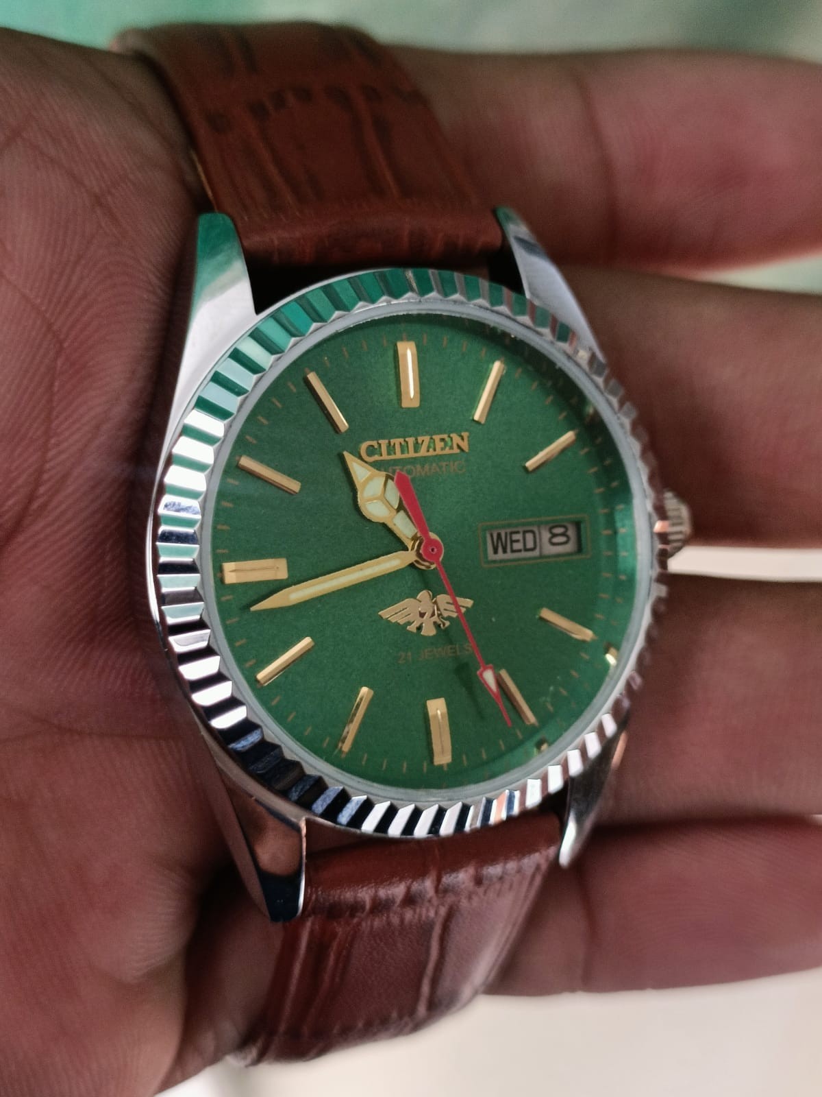 Citizen Automatic Green Dial Day/Date 21 Jewels Stainless Steel Mens Wrist Watch