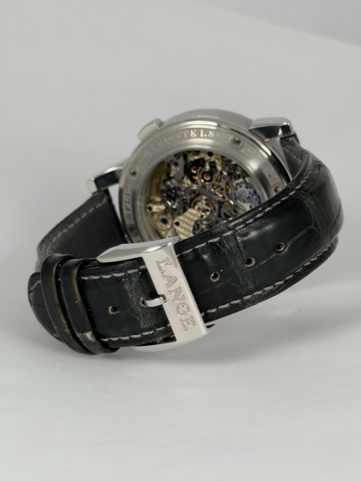 A Lange Sohn 404.035 Double Split Platinum Watch Only Green Strap