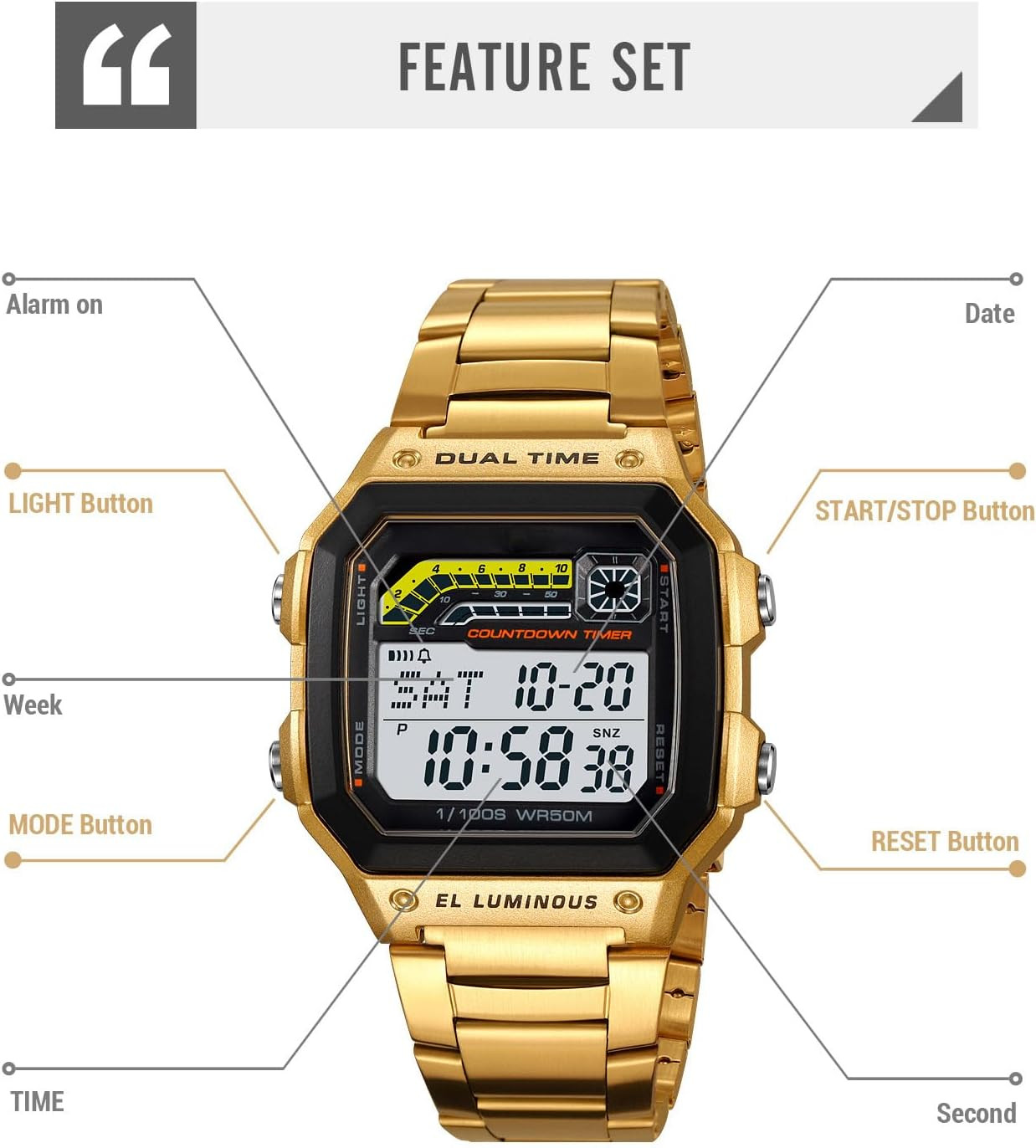 Men’S Digital Multi-Function Watches Dual Time Alarm Stopwatch Countdown Backlig