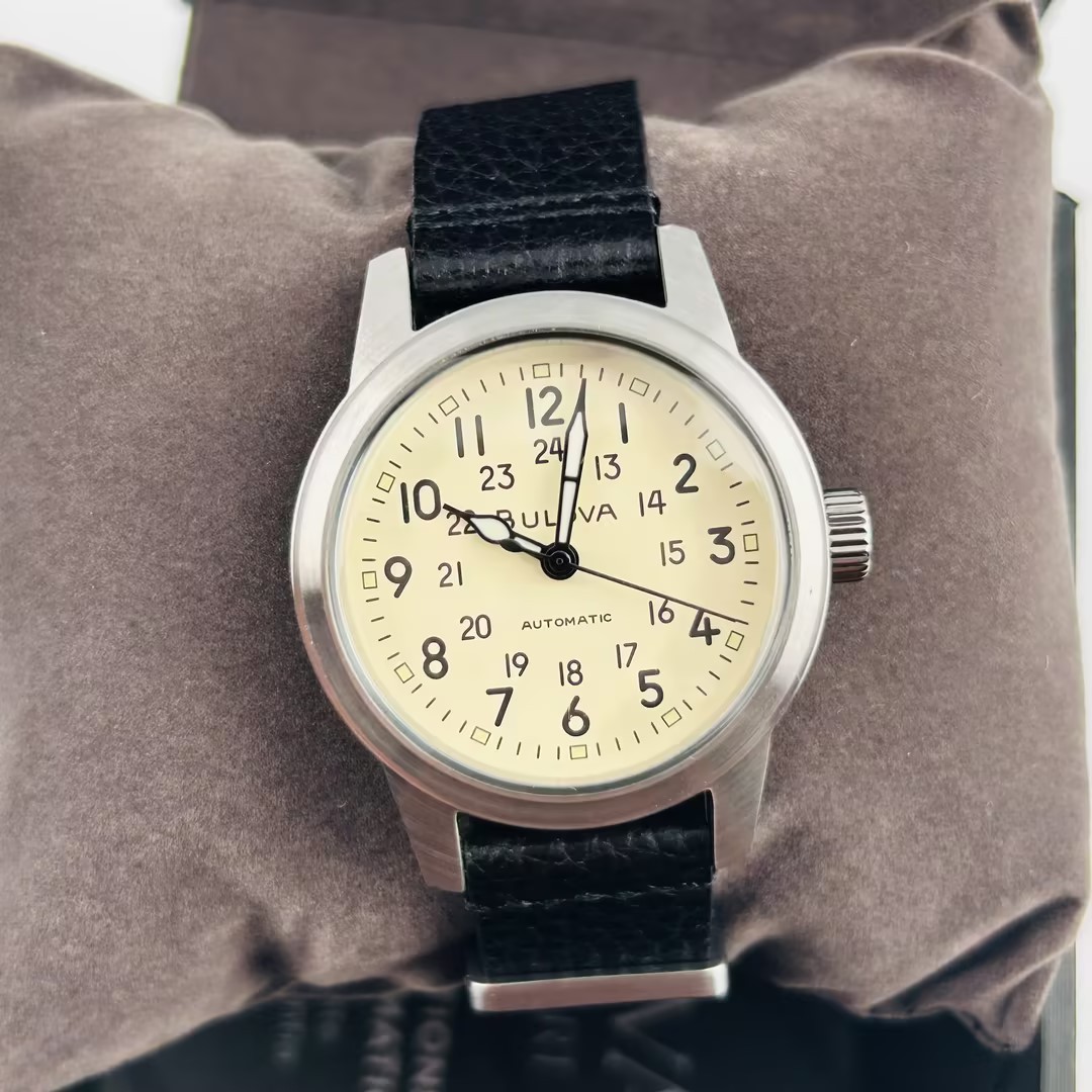 Bulova Hack 98A246 Ivory Dial Black Leather Strap Men’s Automatic Watch 38MM