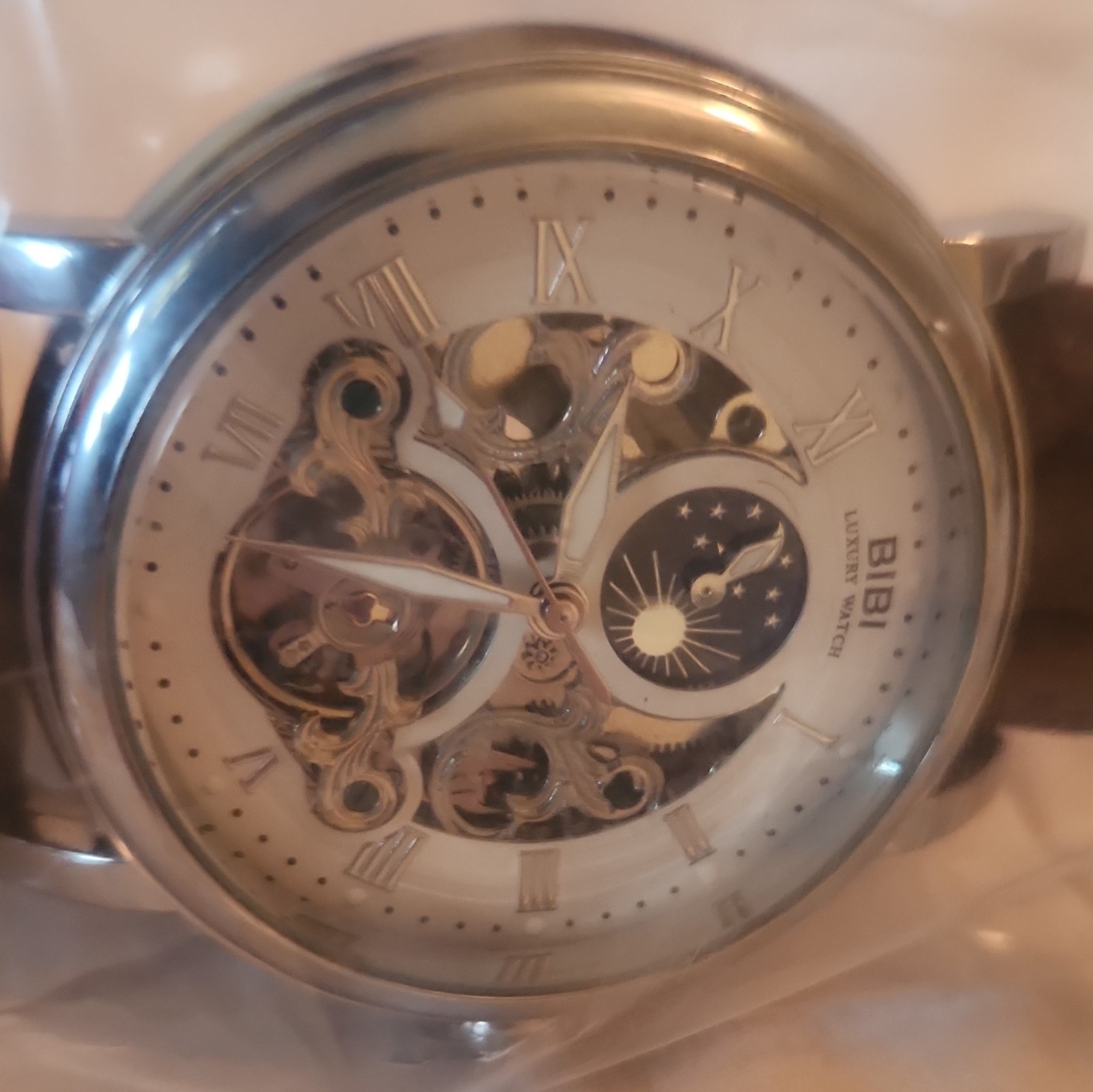 BIBI Luxury Automatic Skeleton Watch Silver Stainless Case Brown Leather Box