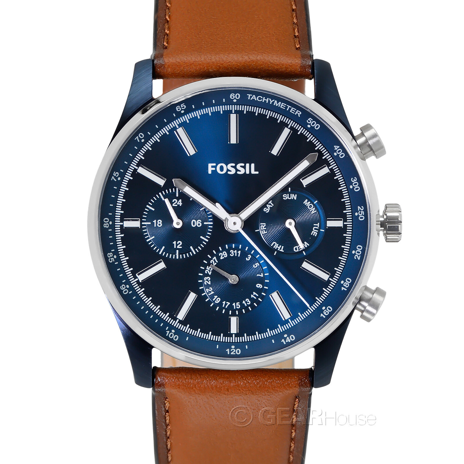 FOSSIL Sullivan Mens Multifunction Watch, Blue Dial Day Date Brown Leather Band