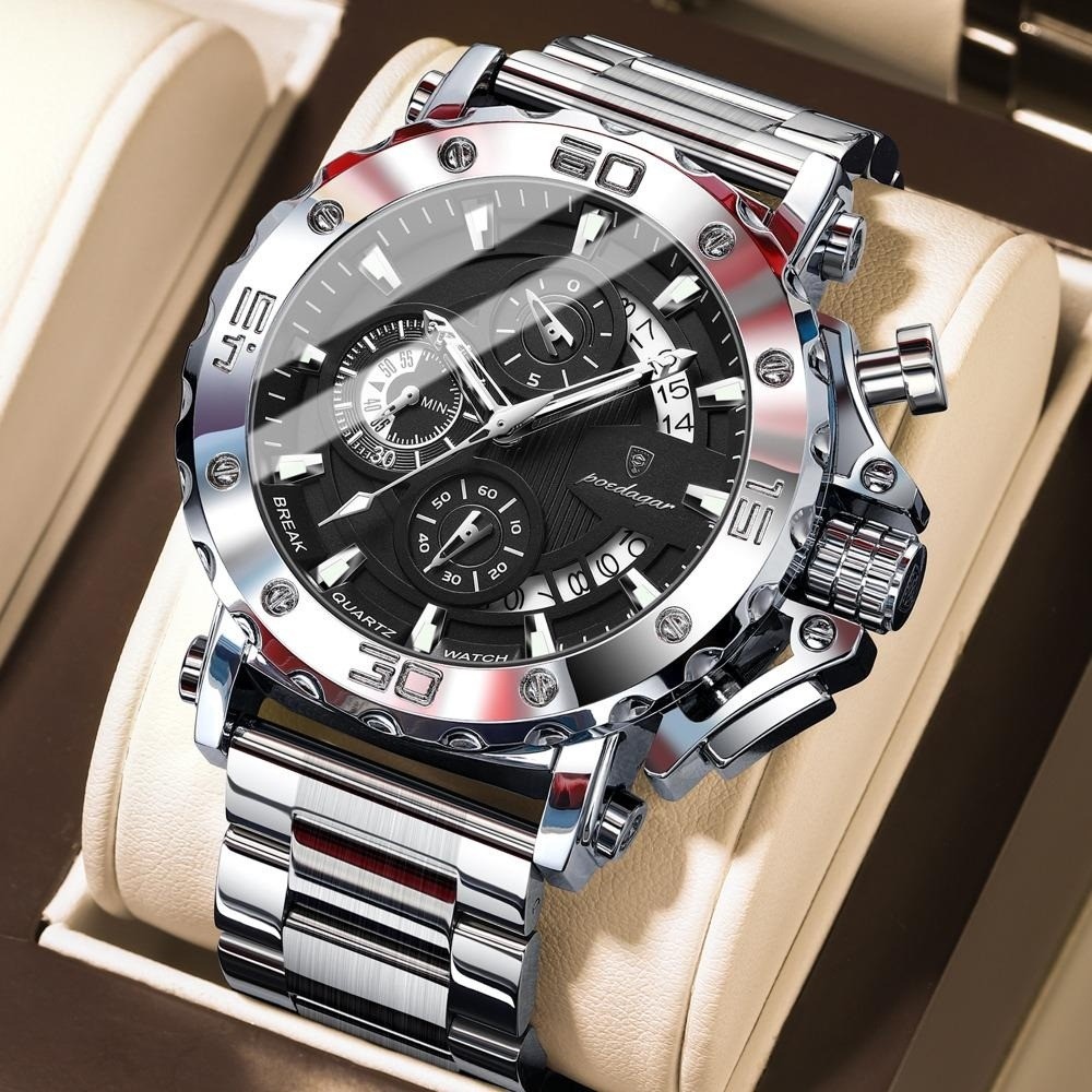 POEDAGAR Men Calendar Luminous Waterproof Stainless Steel Fashion Quartz Watch