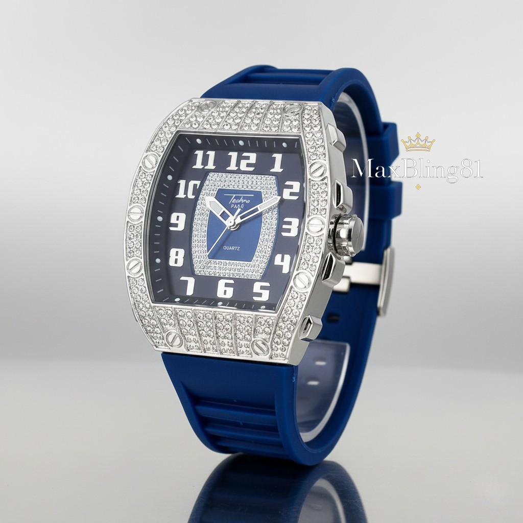 Men Iced Watch Bling Rapper Stylish Simulate Diamond Blue Silicone Band Luxury